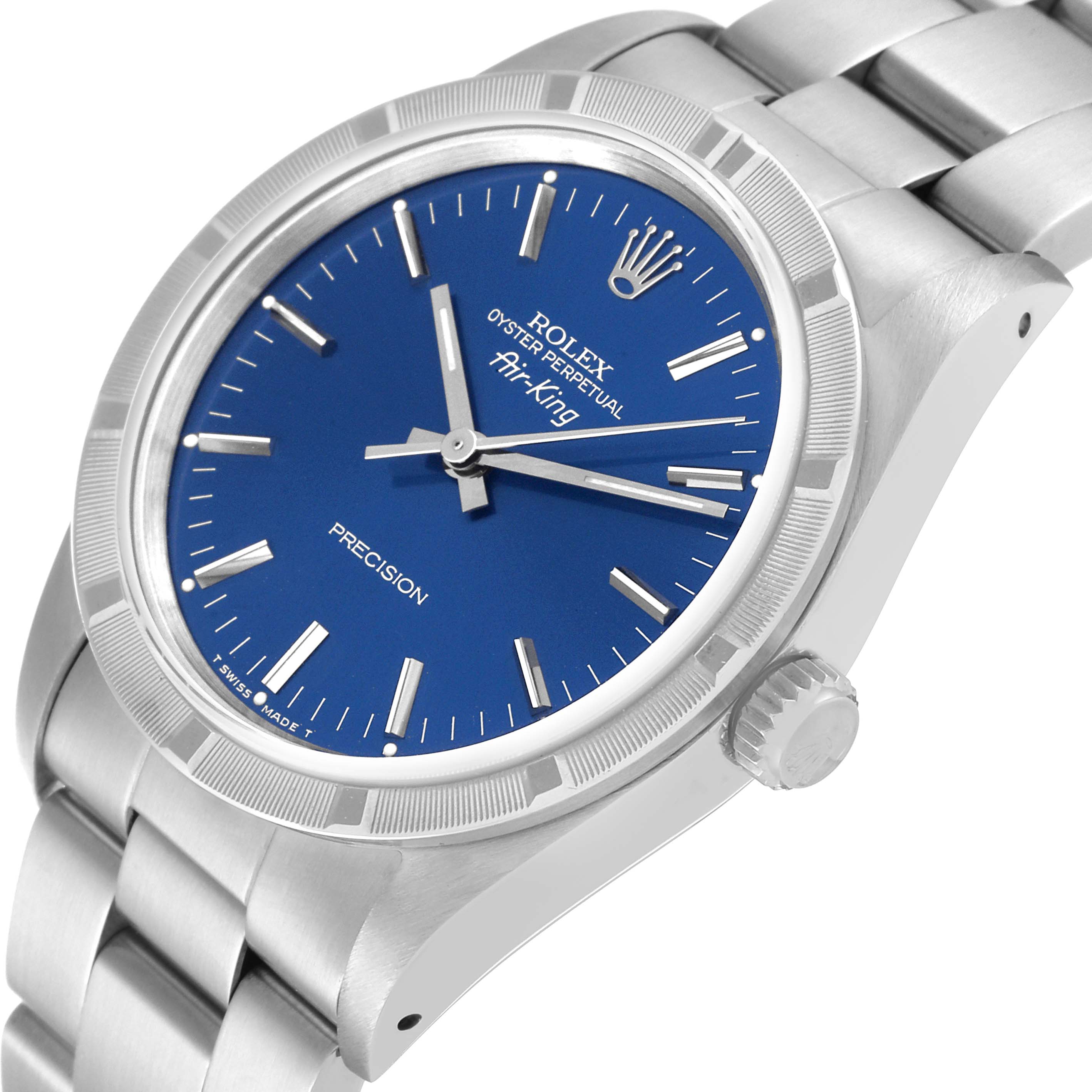 The Rolex Air-King 14010 Men's Stainless Steel Blue Dial 14010 Men's Stainless Steel Blue Dial watch is shown at a slight angle from the front, displaying the face, bezel, crown, and part of the bracelet.