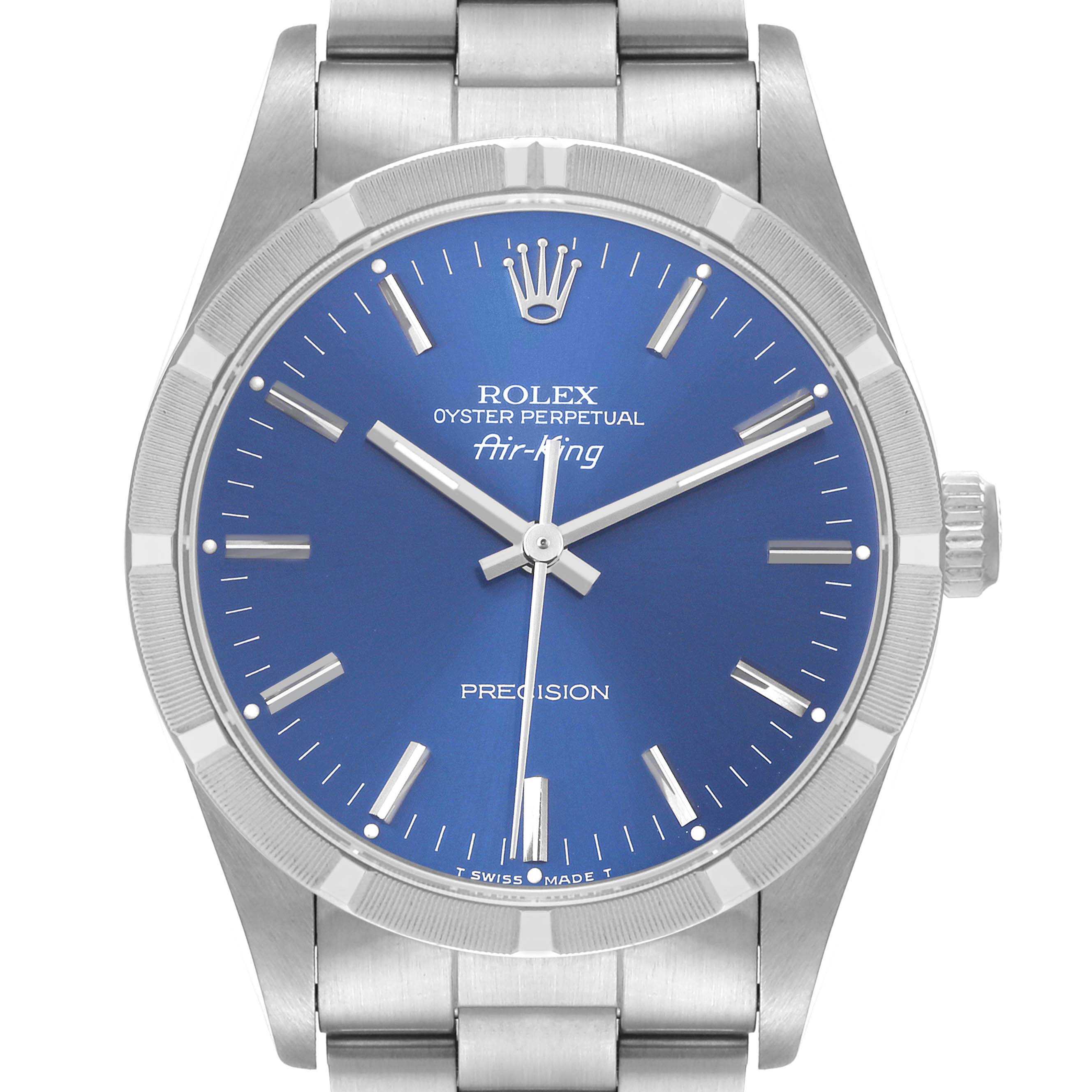 Front view of the Rolex Air-King 14010 Men's Stainless Steel Blue Dial 14010 Men's Stainless Steel Blue Dial watch showing the dial, hands, crown, and part of the metal bracelet.