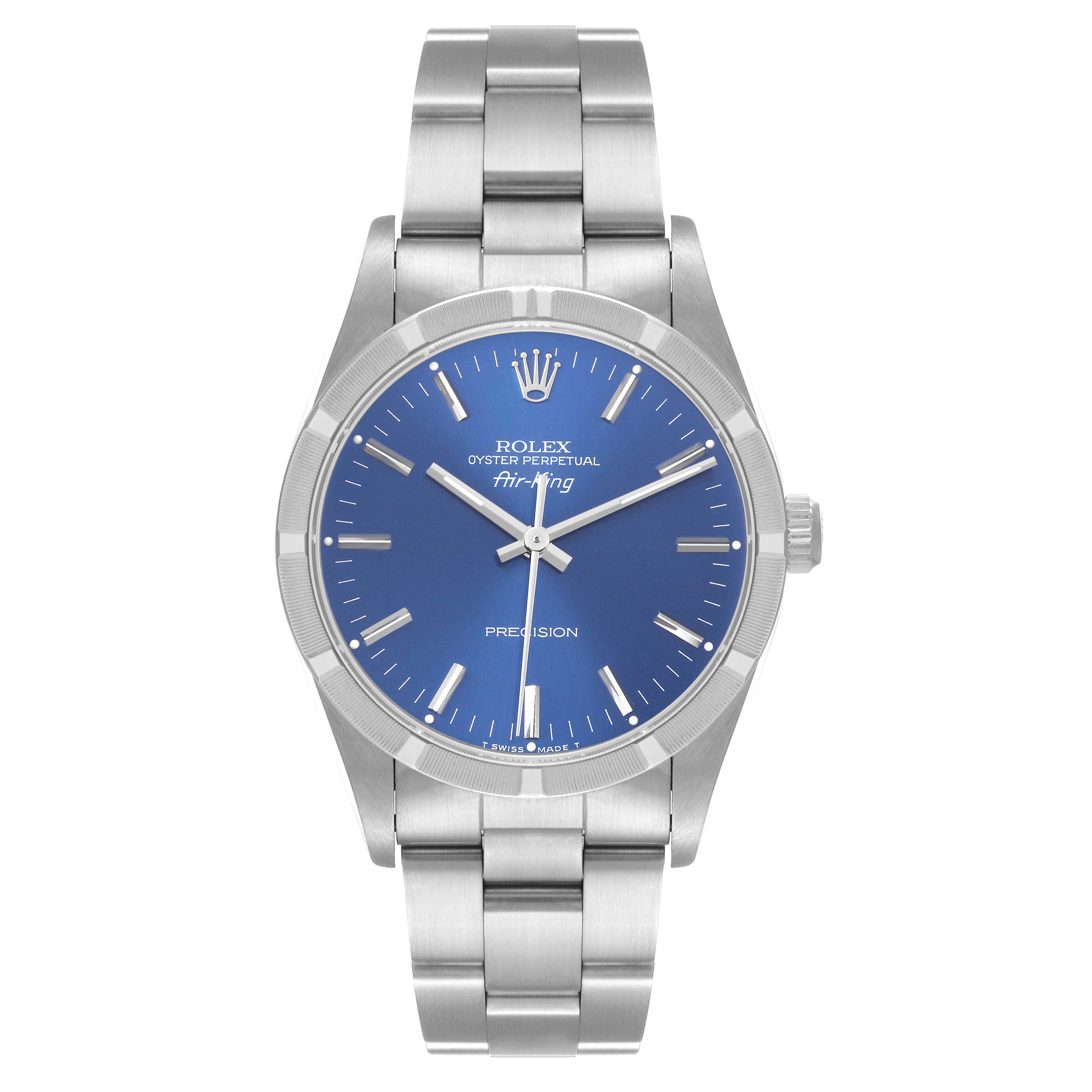The image shows a front angle view of the Rolex Air-King 14010 Men's Stainless Steel Blue Dial 14010 Men's Stainless Steel Blue Dial watch, highlighting its blue dial, hour markers, and stainless steel bracelet.