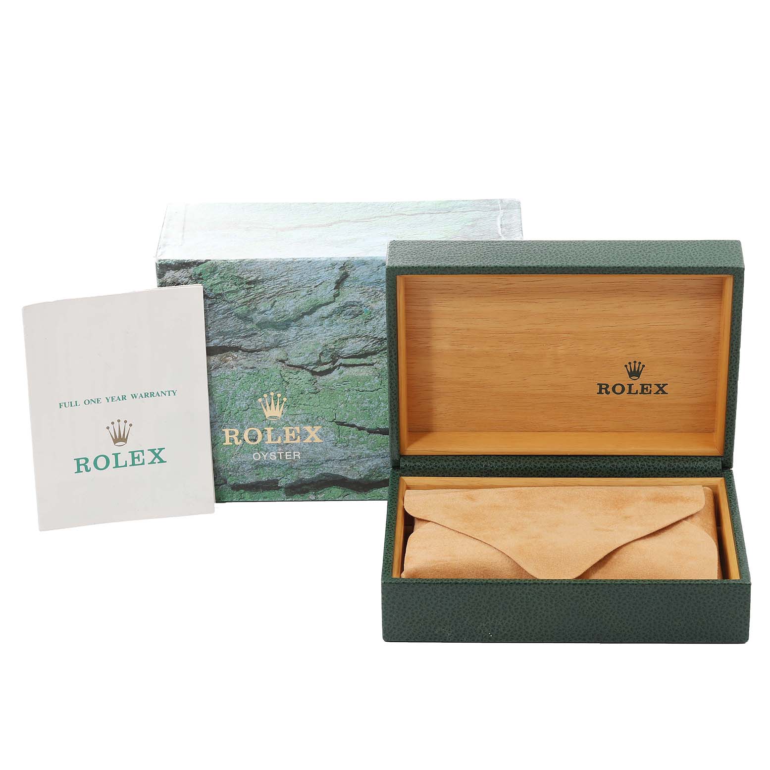 The image shows an open Rolex Air-King 14010 Men's Stainless Steel Blue Dial 14010 Men's Stainless Steel Blue Dial box, warranty card, and exterior packaging from a front angle.