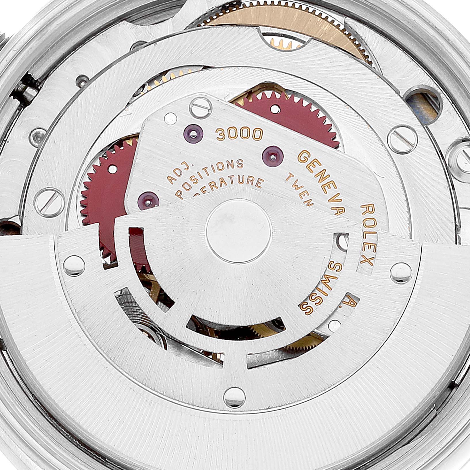 This image shows a close-up of the internal movement mechanism of a Rolex Air-King 14010 Men's Stainless Steel Blue Dial 14010 Men's Stainless Steel Blue Dial watch.