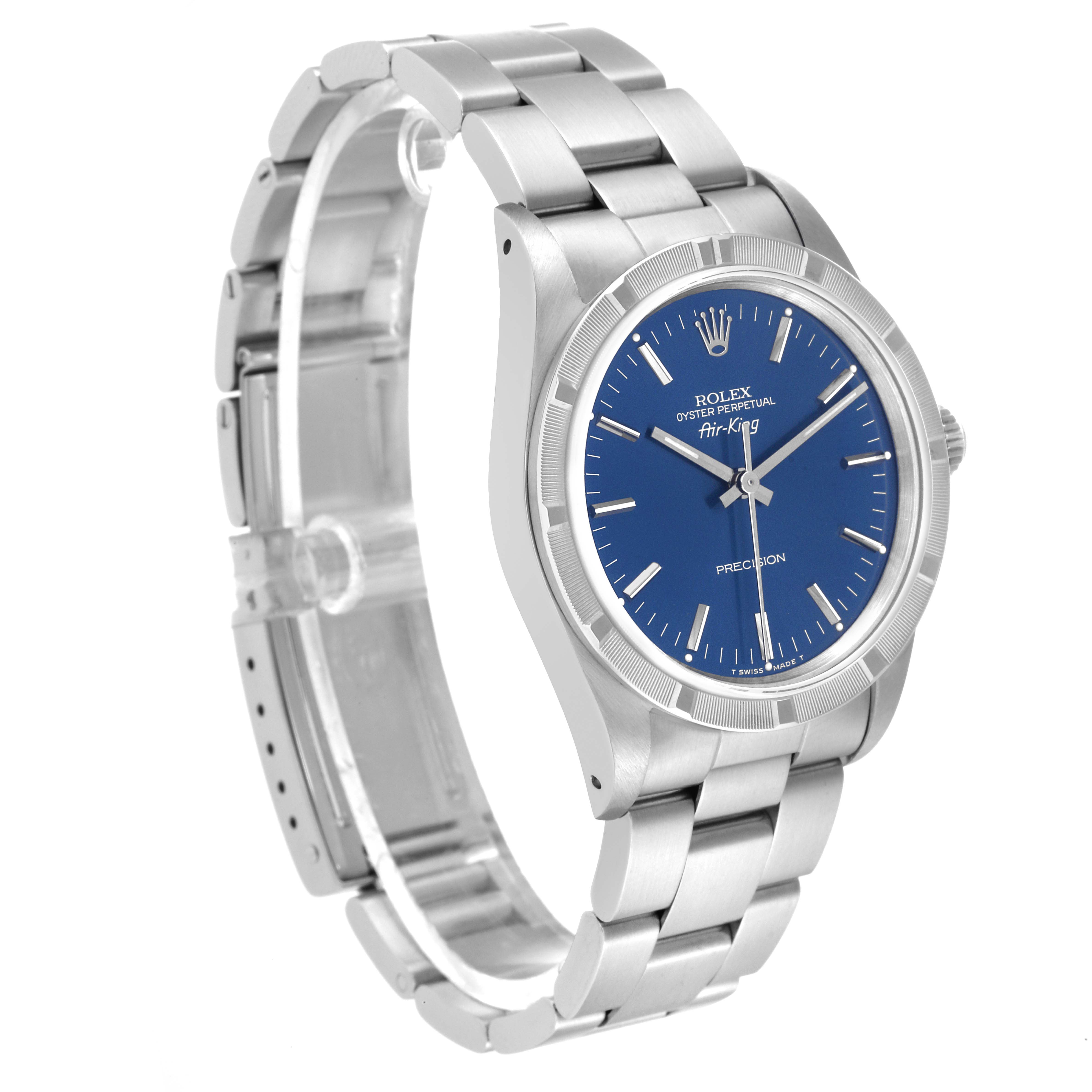 The image shows a Rolex Air-King 14010 Men's Stainless Steel Blue Dial 14010 Men's Stainless Steel Blue Dial watch angled from the left side, highlighting the bracelet, case, and blue dial.