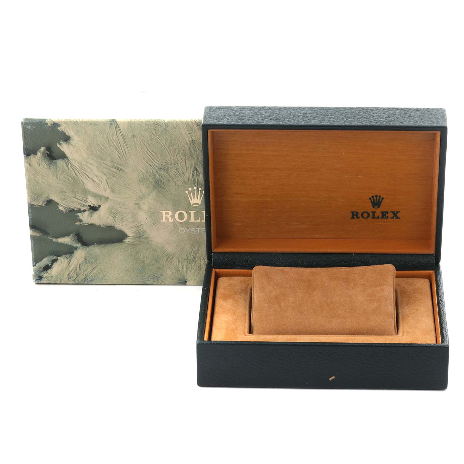 The image shows an open Rolex Air-King 14000 Men's Stainless Steel Blue Dial 14000 Men's Stainless Steel Blue Dial watch box and its outer packaging from a front angle.