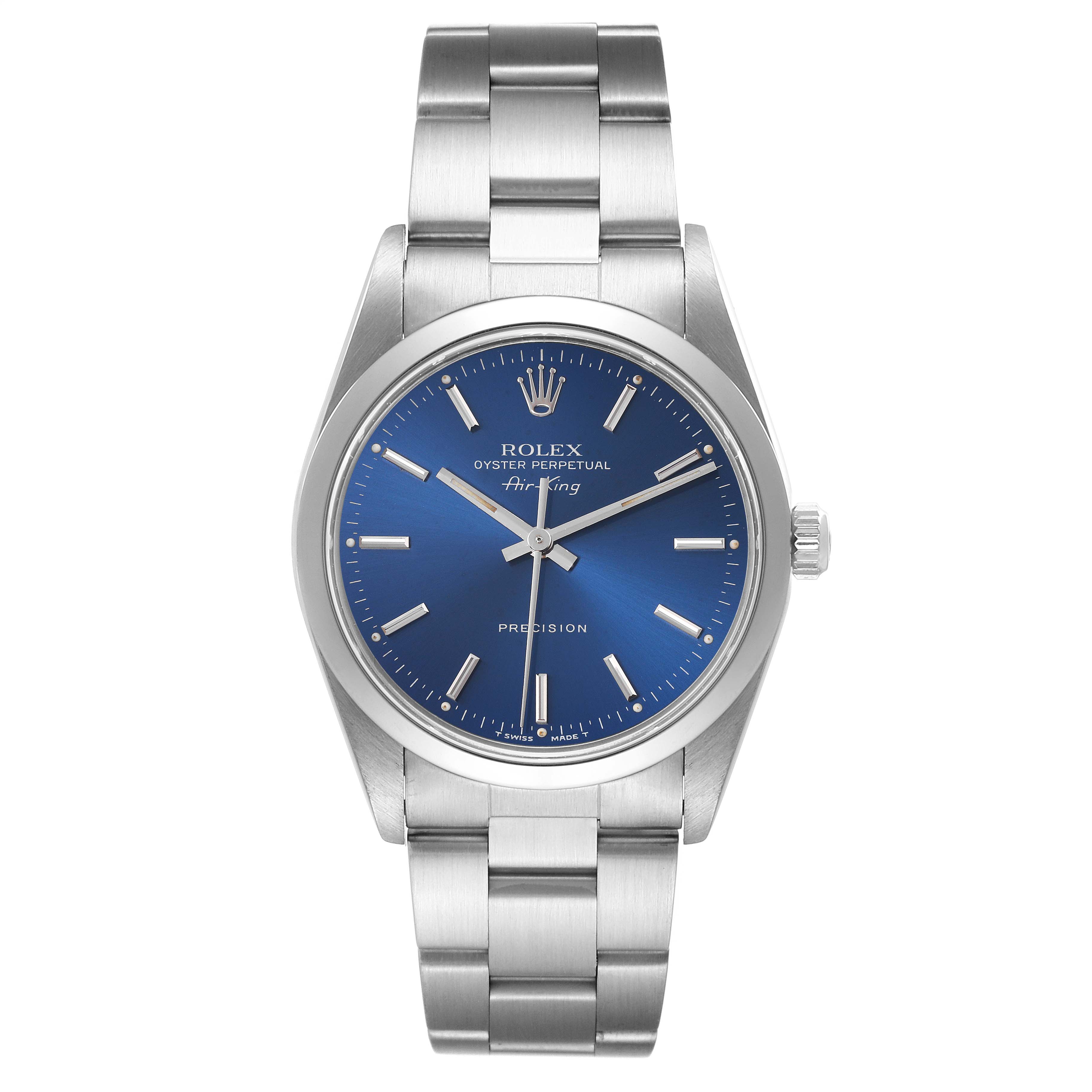 The Rolex Air-King 14000 Men's Stainless Steel Blue Dial 14000 Men's Stainless Steel Blue Dial watch is shown from a front angle, displaying the full face, bezel, and part of the bracelet.