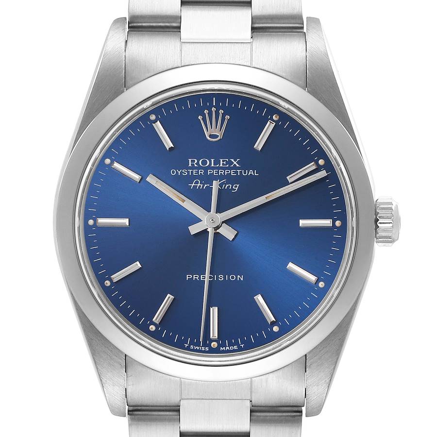 The Rolex Air-King watch is shown from the front, highlighting its blue dial, hands, markers, and part of the bracelet.