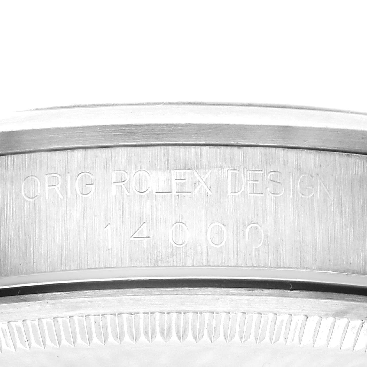 The image shows the side of the Rolex Air-King 14000 Men's Stainless Steel Blue Dial 14000 Men's Stainless Steel Blue Dial watch case, highlighting the engraved model number.