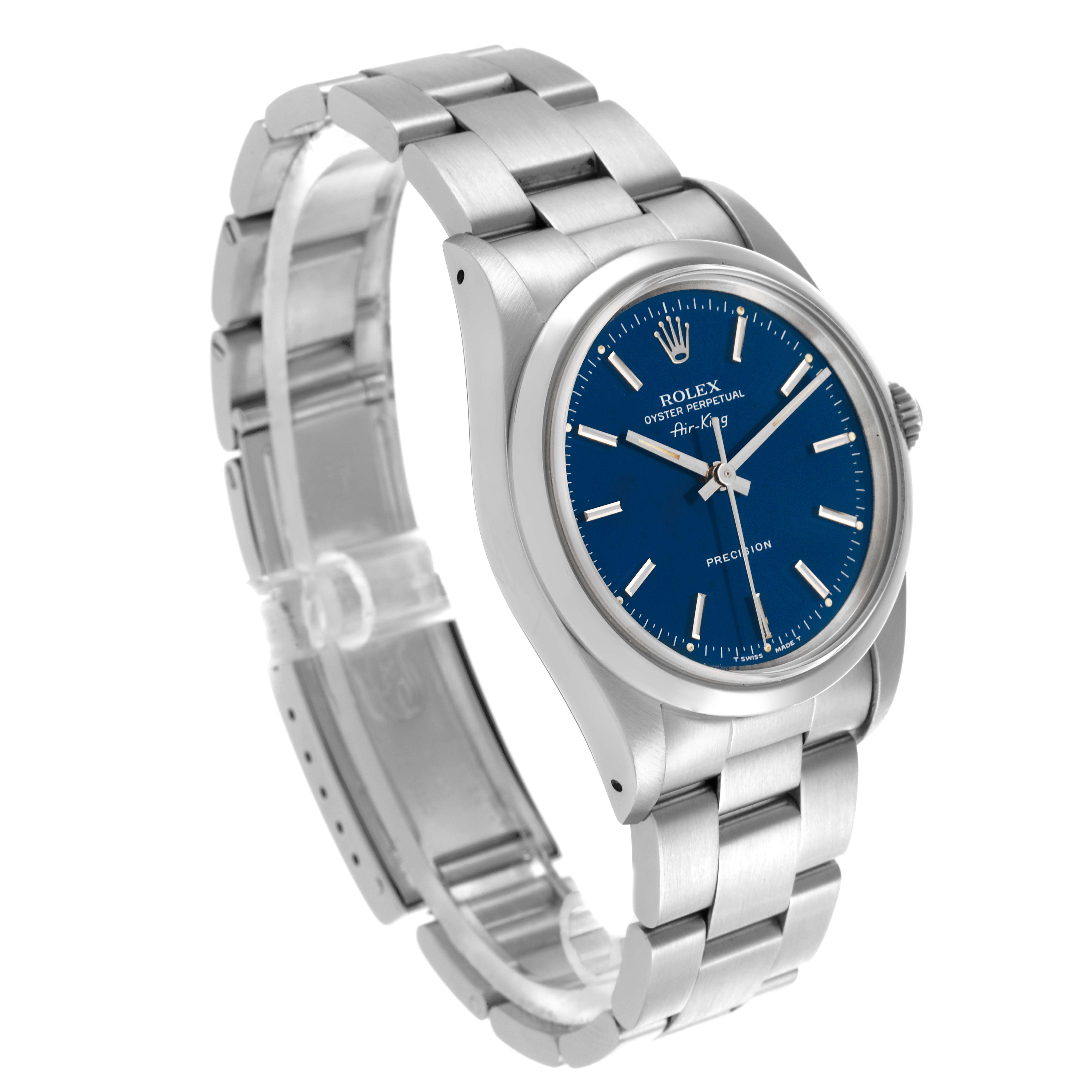 The Rolex Air-King 14000 Men's Stainless Steel Blue Dial 14000 Men's Stainless Steel Blue Dial watch is shown at an angled side view, displaying its blue dial, bezel, case, and bracelet.