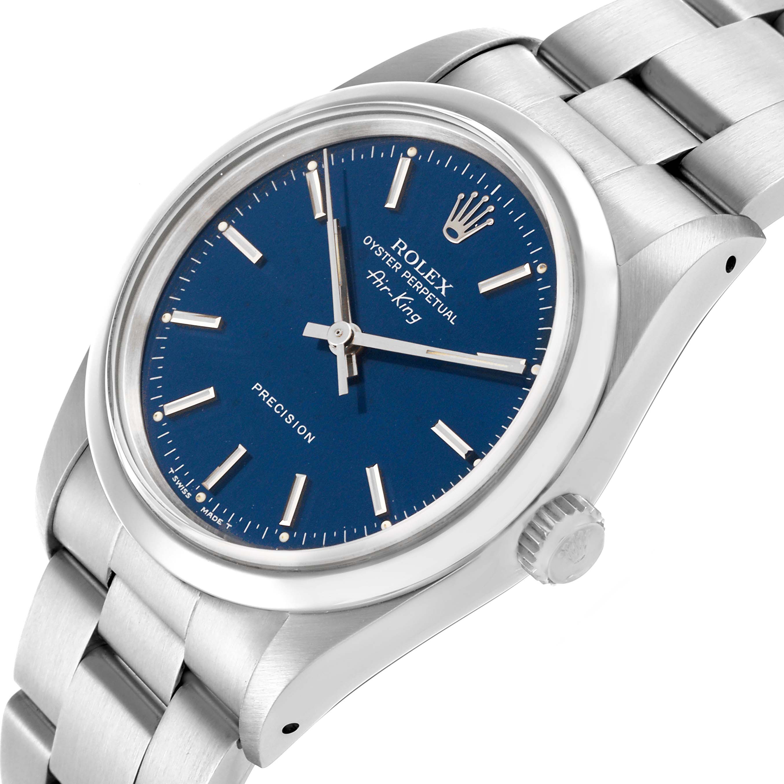 The Rolex Air-King 14000 Men's Stainless Steel Blue Dial 14000 Men's Stainless Steel Blue Dial watch is shown at an angle highlighting the blue dial, crown, and part of the bracelet.