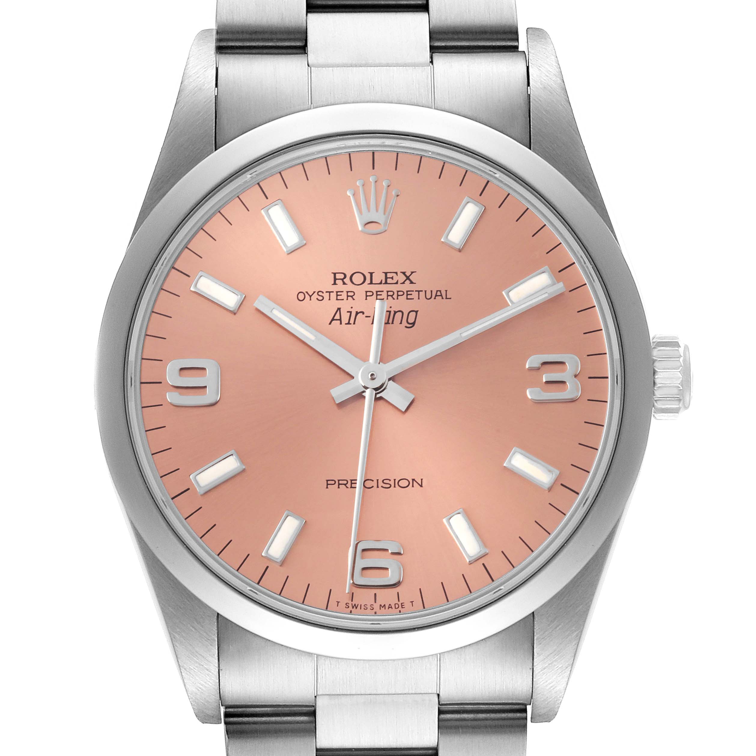 This image shows a straight-on view of the Rolex Air-King 14000 Men's Stainless Steel Pink Dial 14000 Men's Stainless Steel Pink Dial watch, highlighting the dial, hands, crown, and part of the bracelet.