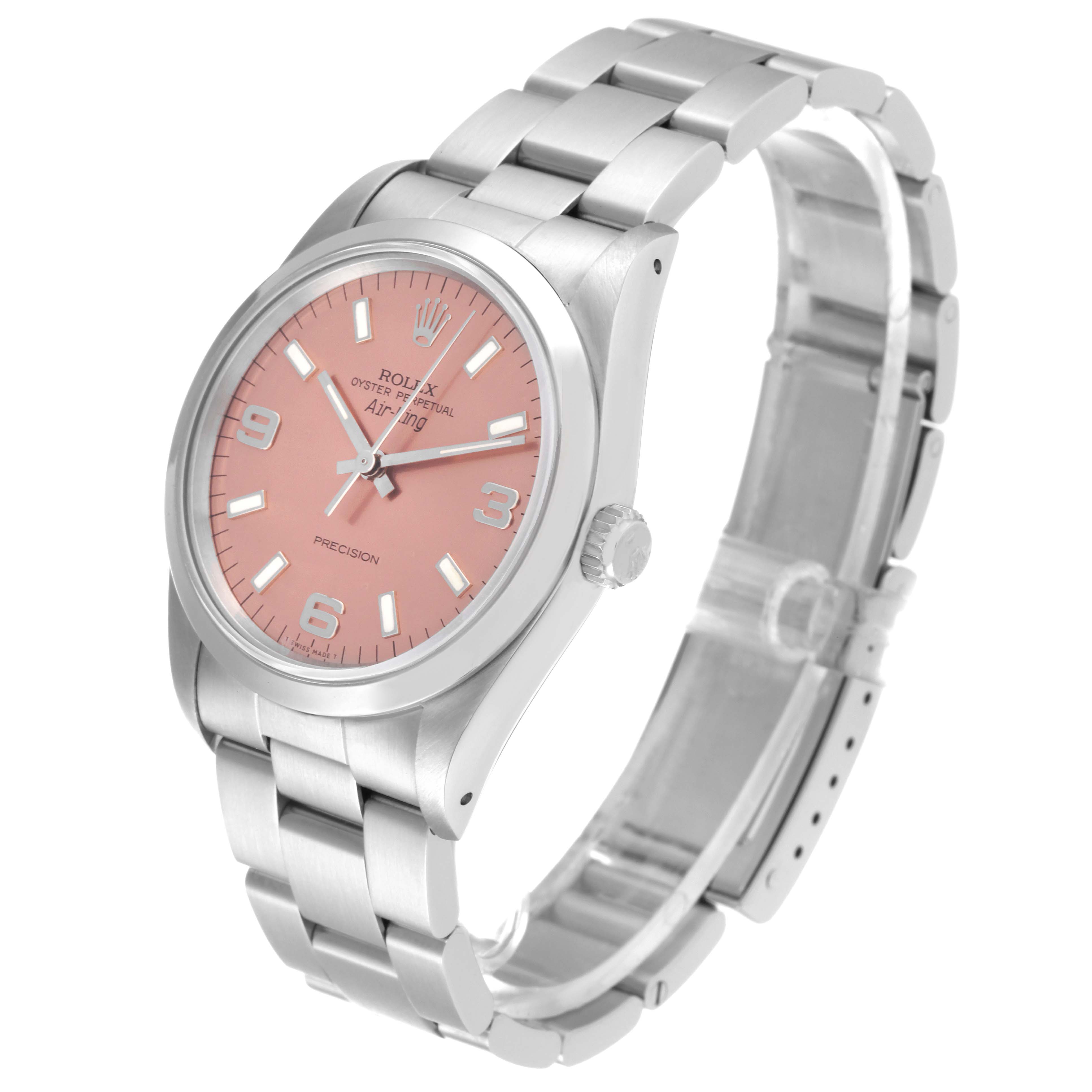 The Rolex Air-King 14000 Men's Stainless Steel Pink Dial 14000 Men's Stainless Steel Pink Dial watch is shown at a three-quarter angle, displaying the dial, crown, and stainless steel bracelet.