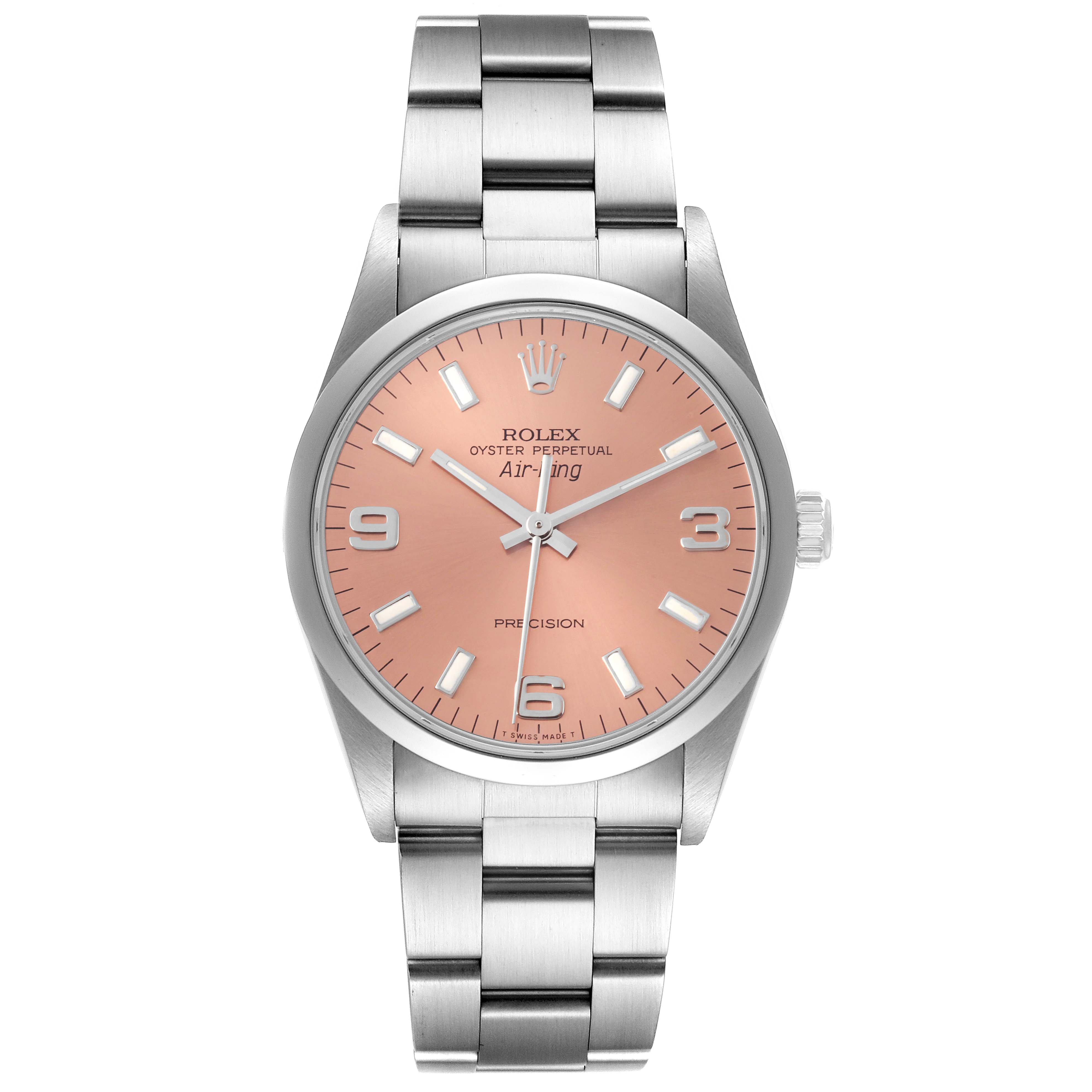 This image shows a frontal view of the Rolex Air-King 14000 Men's Stainless Steel Pink Dial 14000 Men's Stainless Steel Pink Dial watch, featuring its pink dial and full stainless steel bracelet.