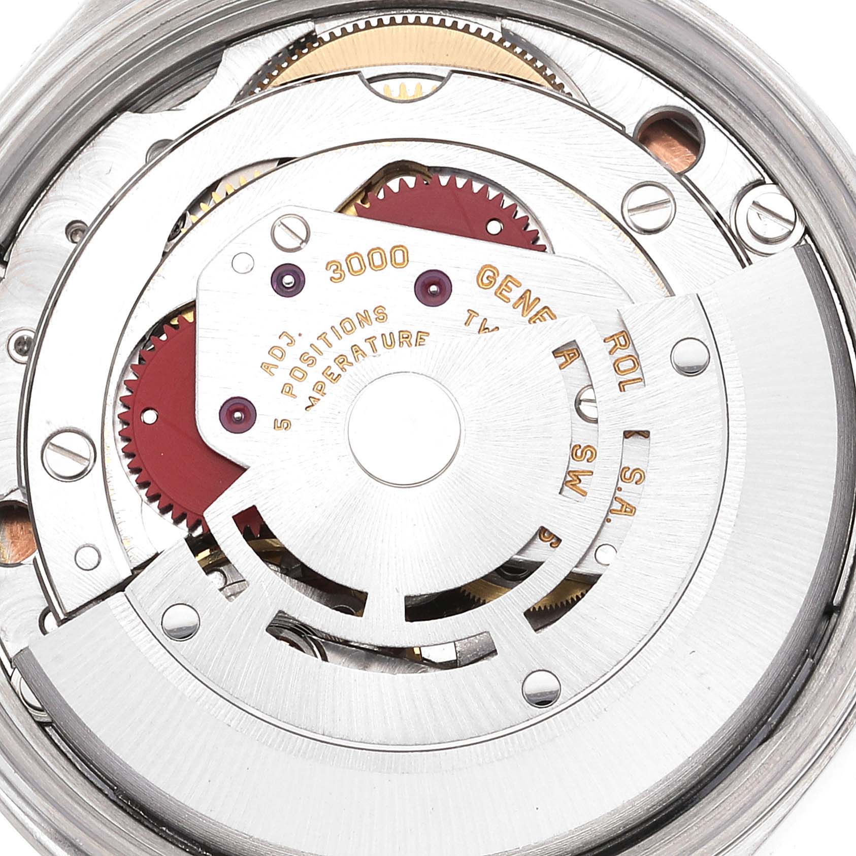 The image shows the intricate internal mechanism of the Rolex Air-King 14000 Men's Stainless Steel Pink Dial 14000 Men's Stainless Steel Pink Dial watch, focusing on gears and movement components at a close angle.