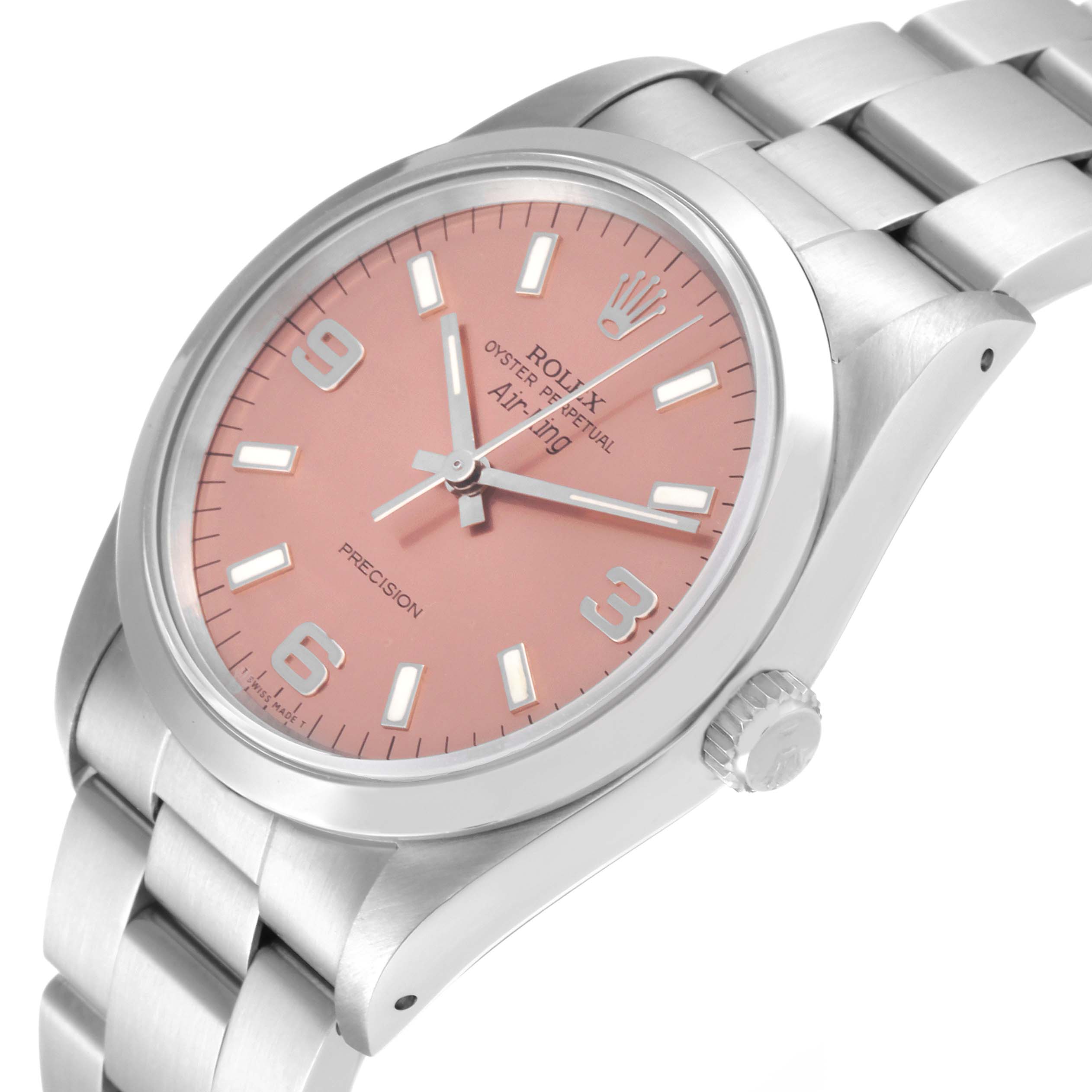The image shows a close-up angle of a Rolex Air-King 14000 Men's Stainless Steel Pink Dial 14000 Men's Stainless Steel Pink Dial watch highlighting its pink dial, crown, case, and part of the bracelet.