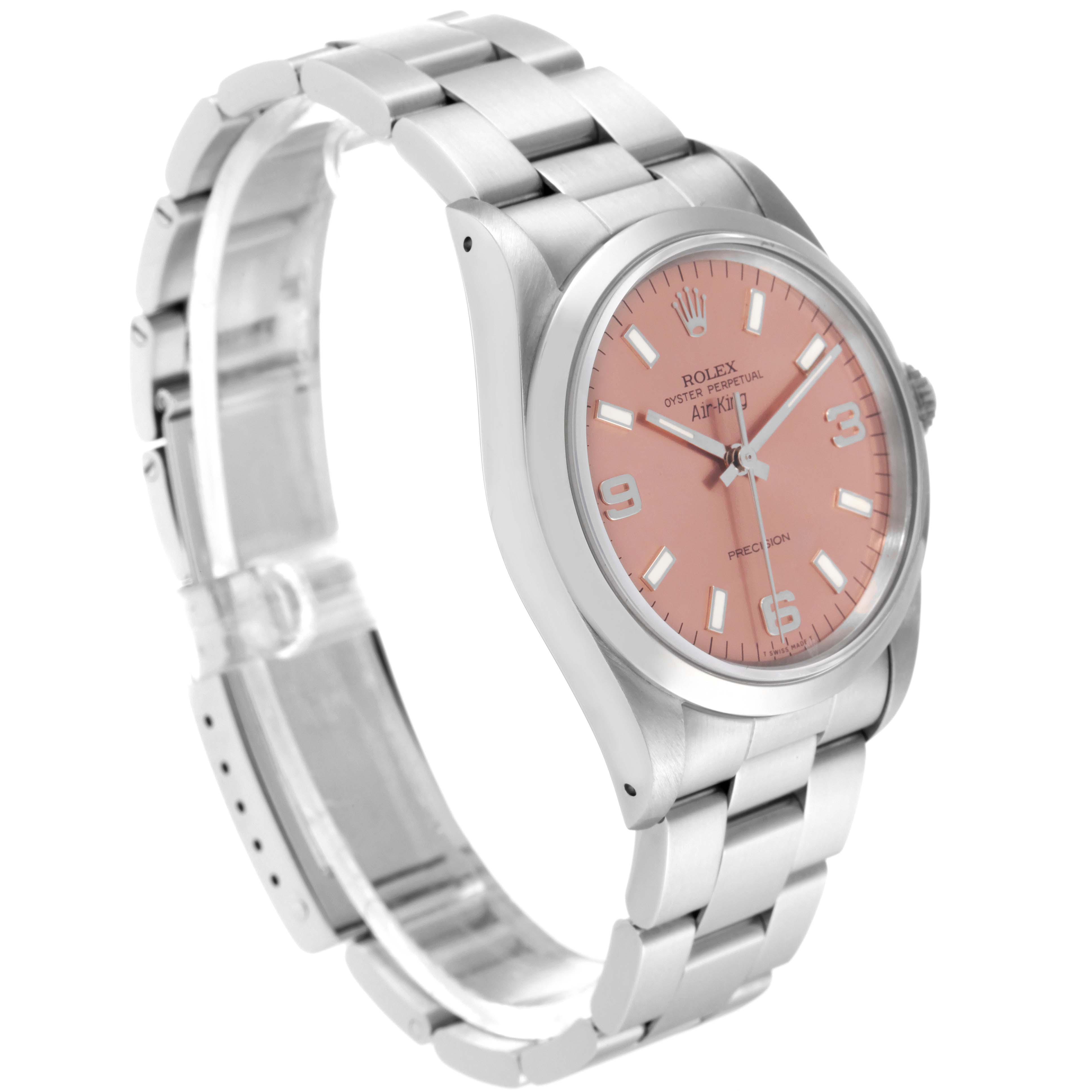The image shows a Rolex Air-King 14000 Men's Stainless Steel Pink Dial 14000 Men's Stainless Steel Pink Dial watch with a pink dial, viewed from an angled perspective displaying the face and bracelet.