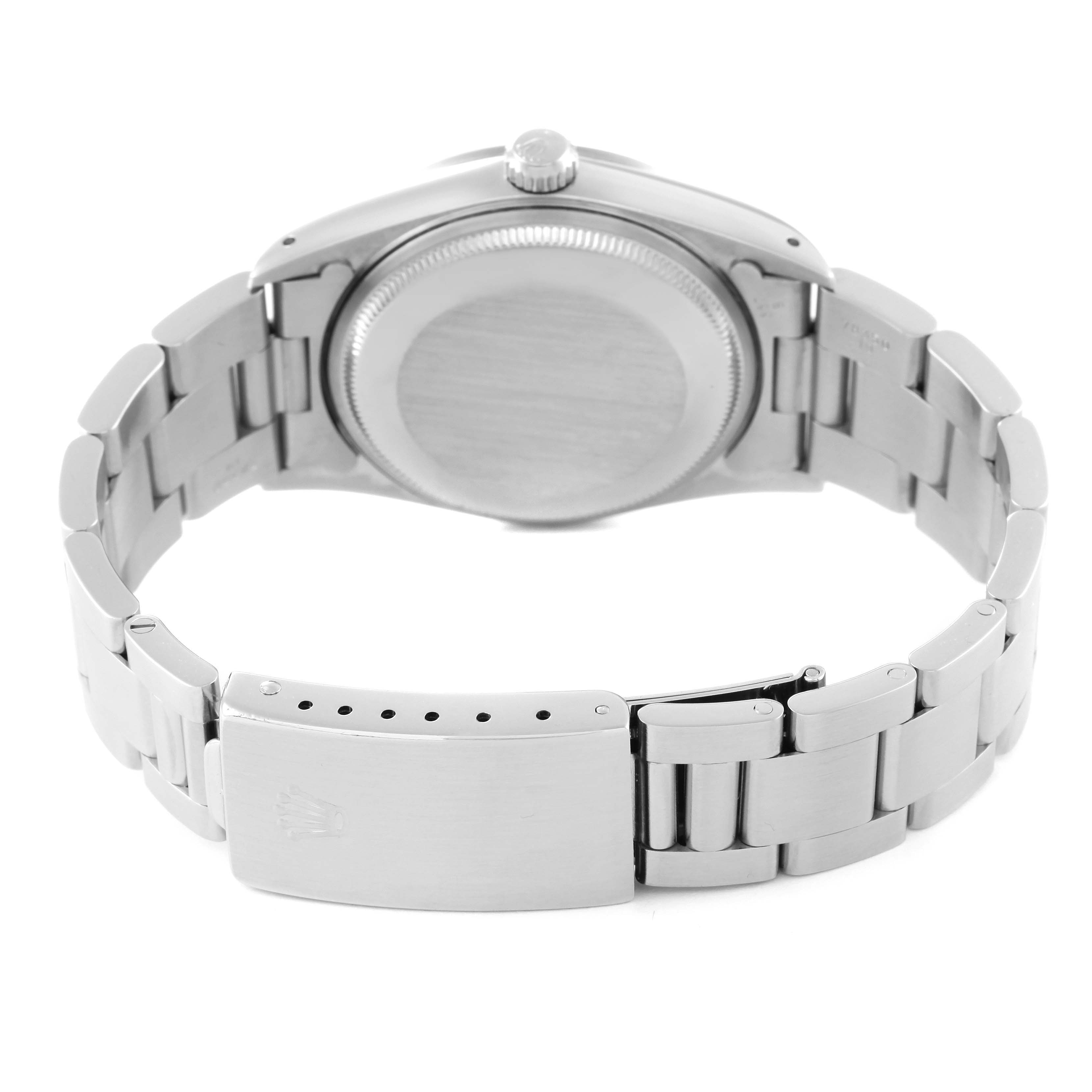 This image shows the back view of the Rolex Air-King 14000 Men's Stainless Steel Pink Dial 14000 Men's Stainless Steel Pink Dial watch, including the case back, crown, and bracelet with the clasp.