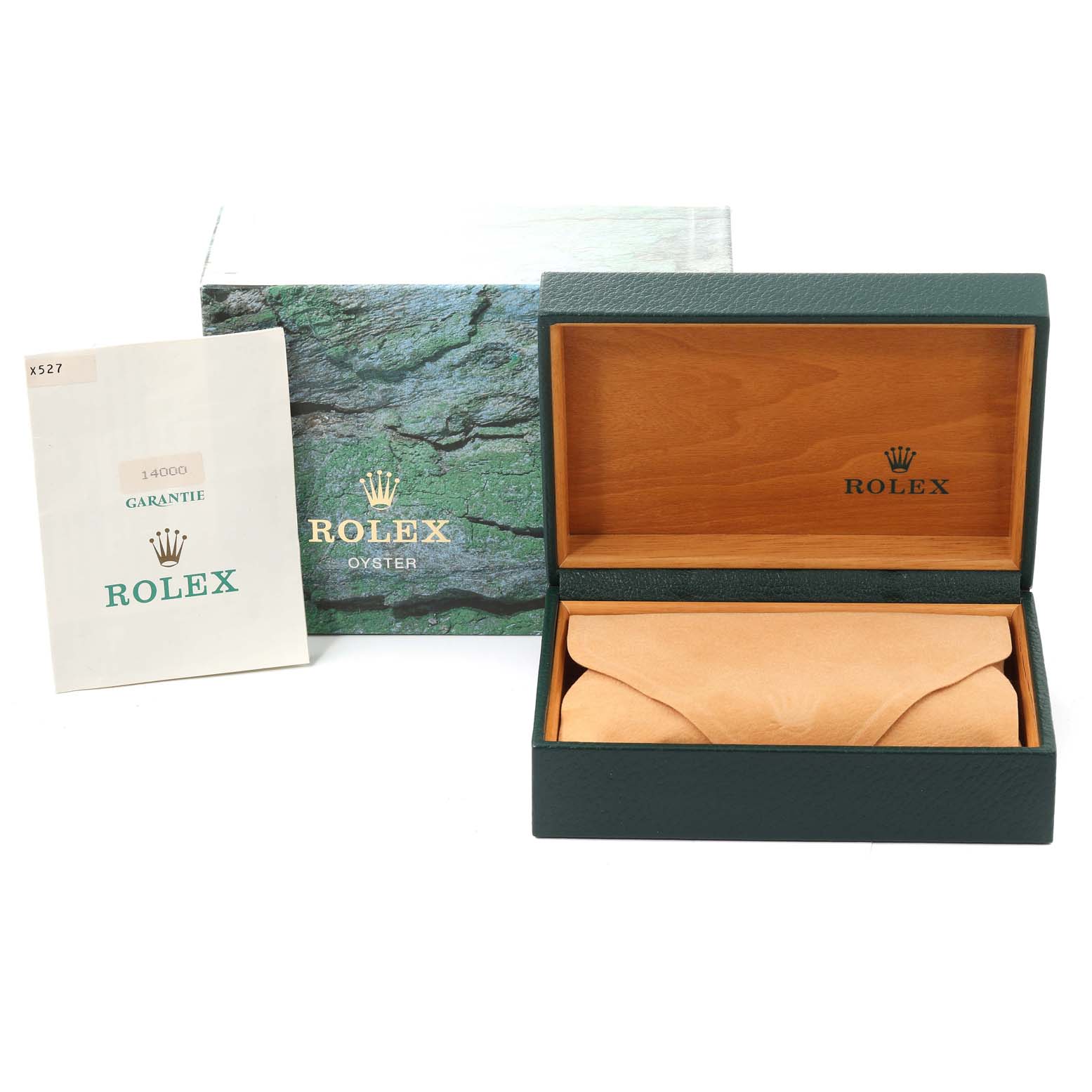 The image shows the original packaging, inner box, and warranty card for the Rolex Air-King 14000 Men's Stainless Steel Pink Dial 14000 Men's Stainless Steel Pink Dial model.