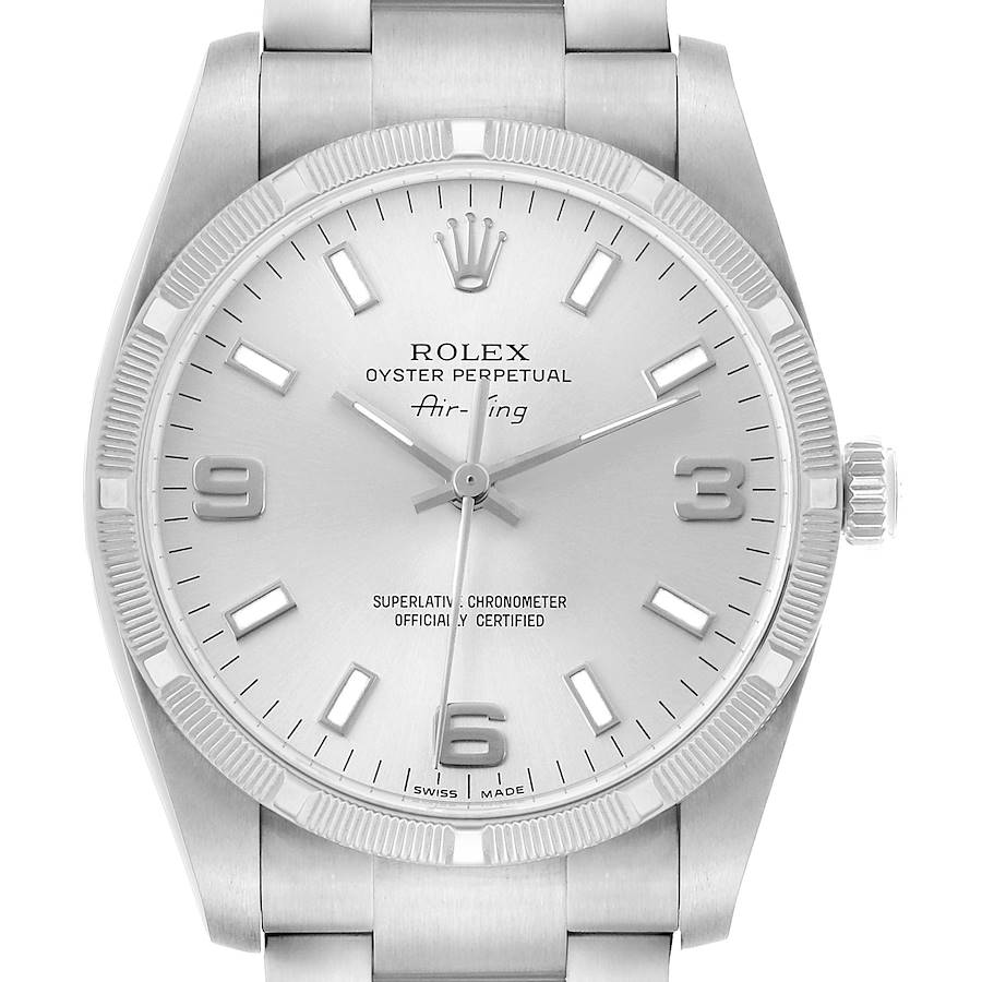 The Rolex Air-King 114210 Men's Stainless Steel Silver Dial watch is shown from the front, displaying the dial, hands, indices, bezel, and part of the bracelet.