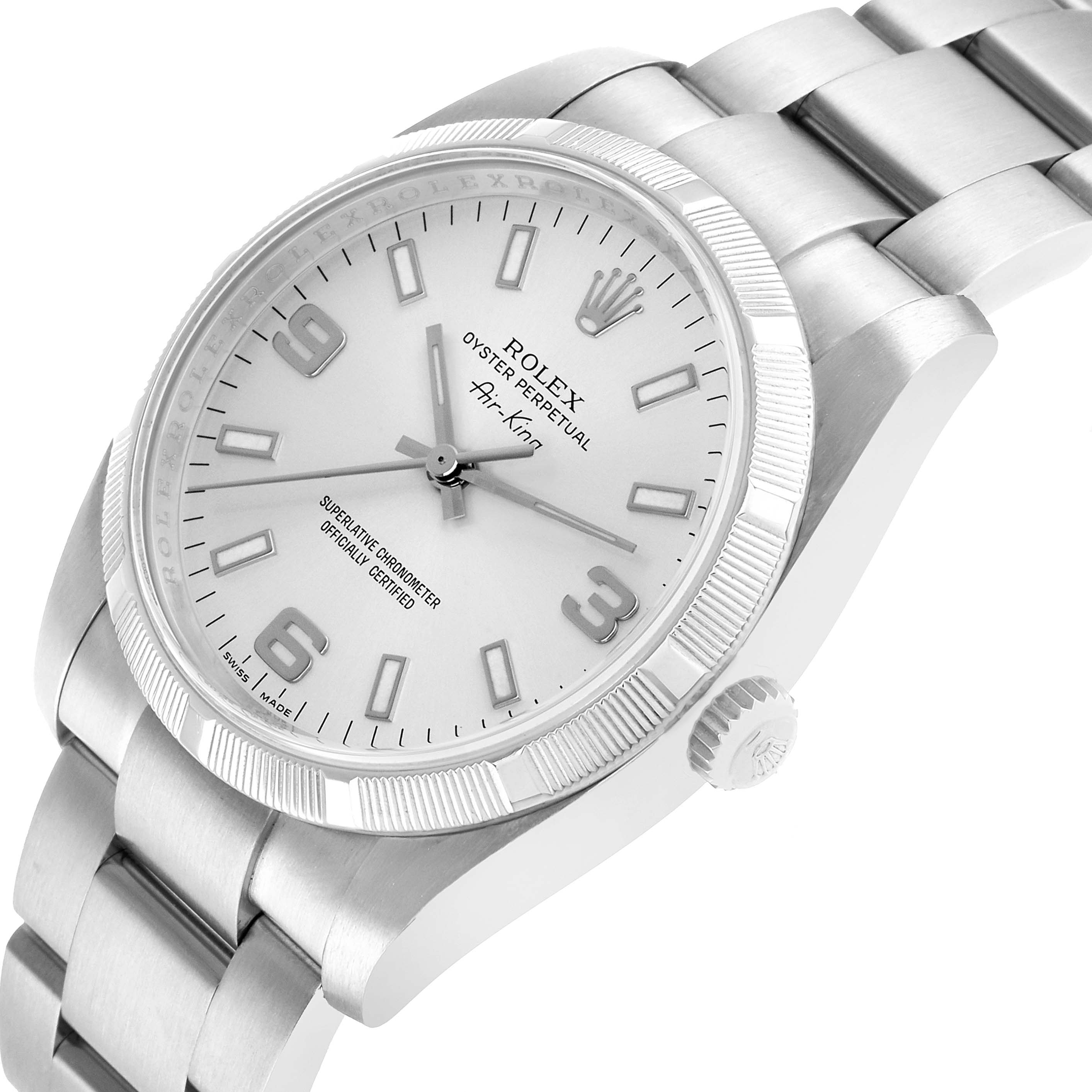 The Rolex Air-King 114210 Men's Stainless Steel Silver Dial watch is shown at a three-quarter angle, highlighting the bezel, crown, dial, and bracelet.