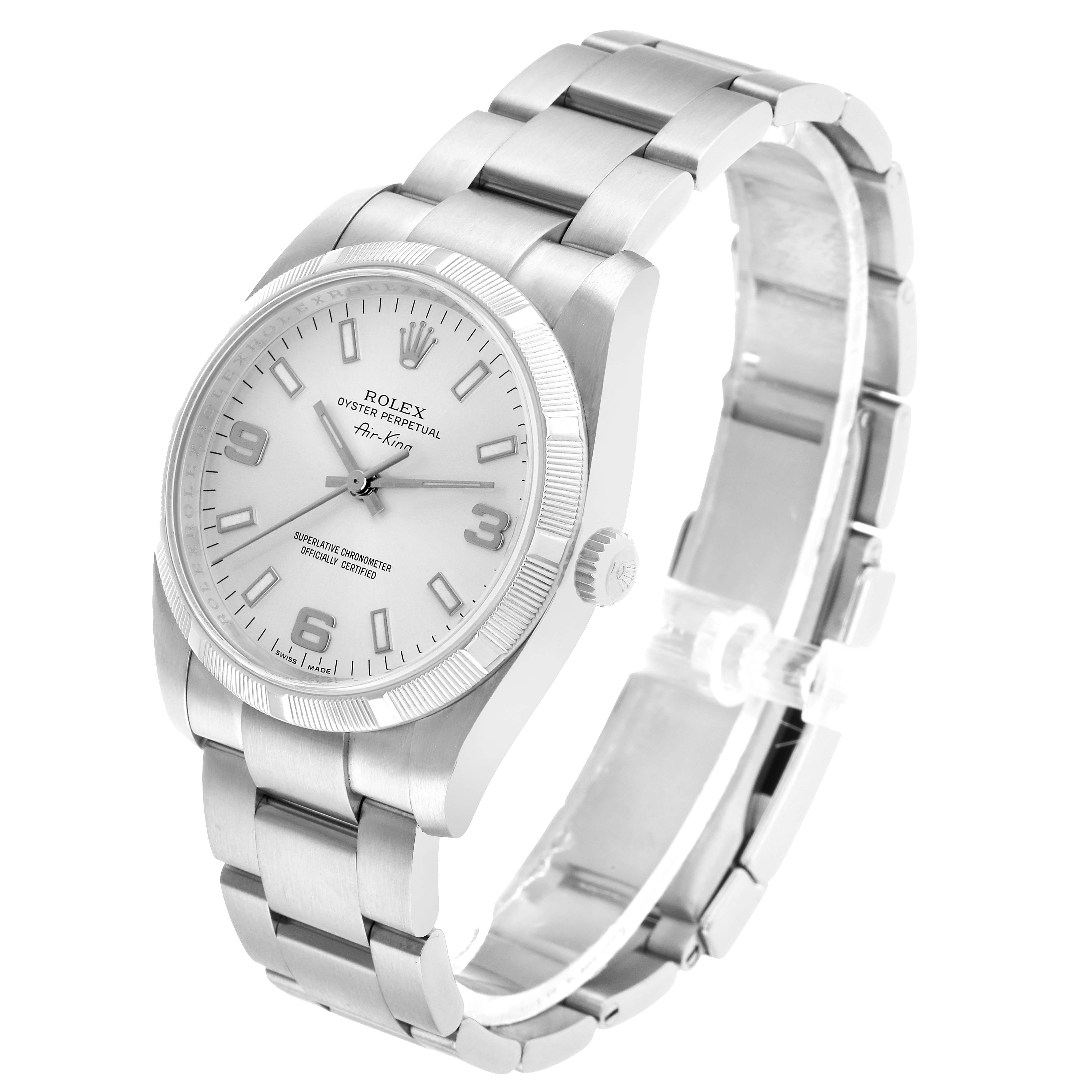 The Rolex Air-King 114210 Men's Stainless Steel Silver Dial watch is shown at a three-quarter angle, displaying the dial, bezel, bracelet, and crown.