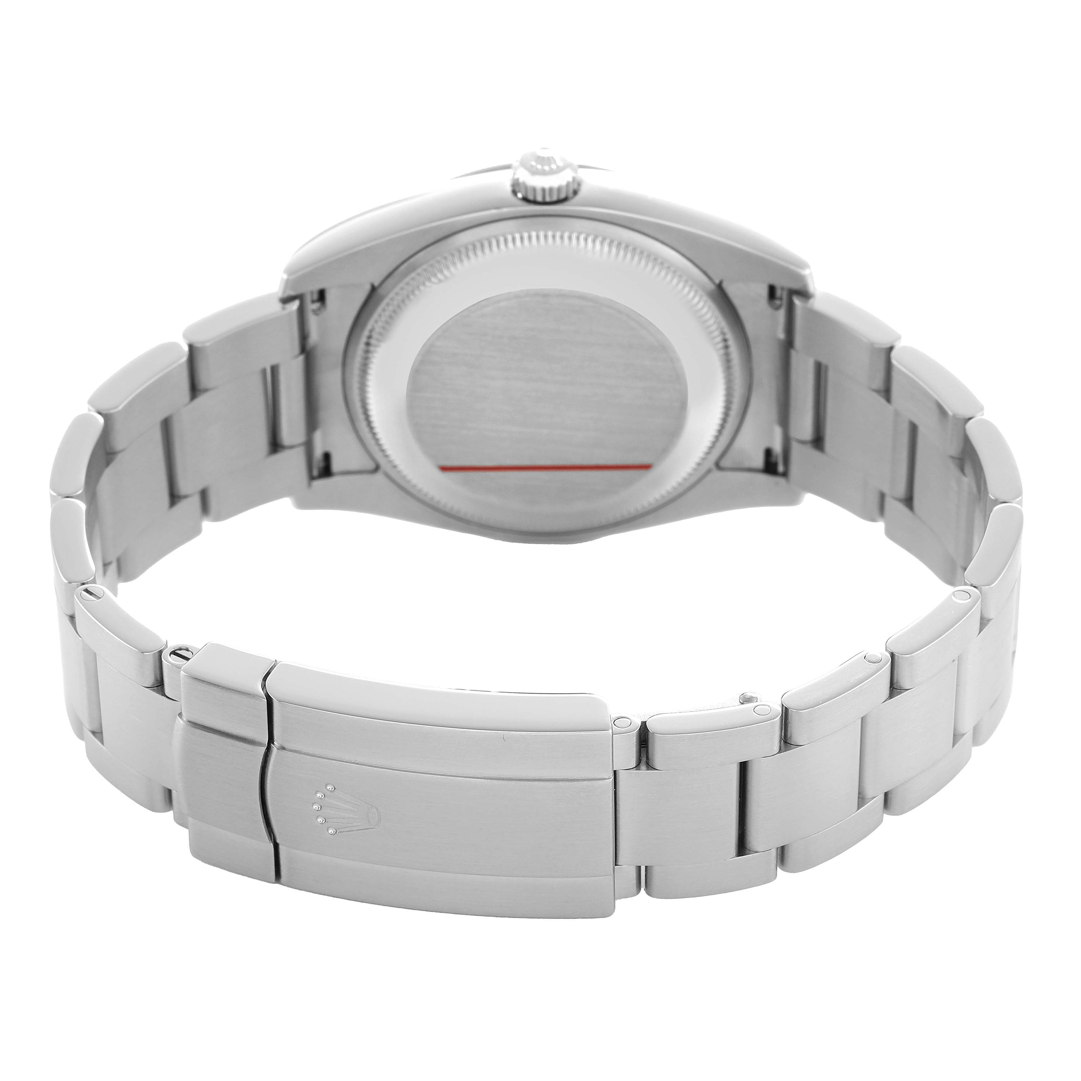 The image shows the back and bracelet of a Rolex Air-King 114210 Men's Stainless Steel Silver Dial, emphasizing the clasp and case back.