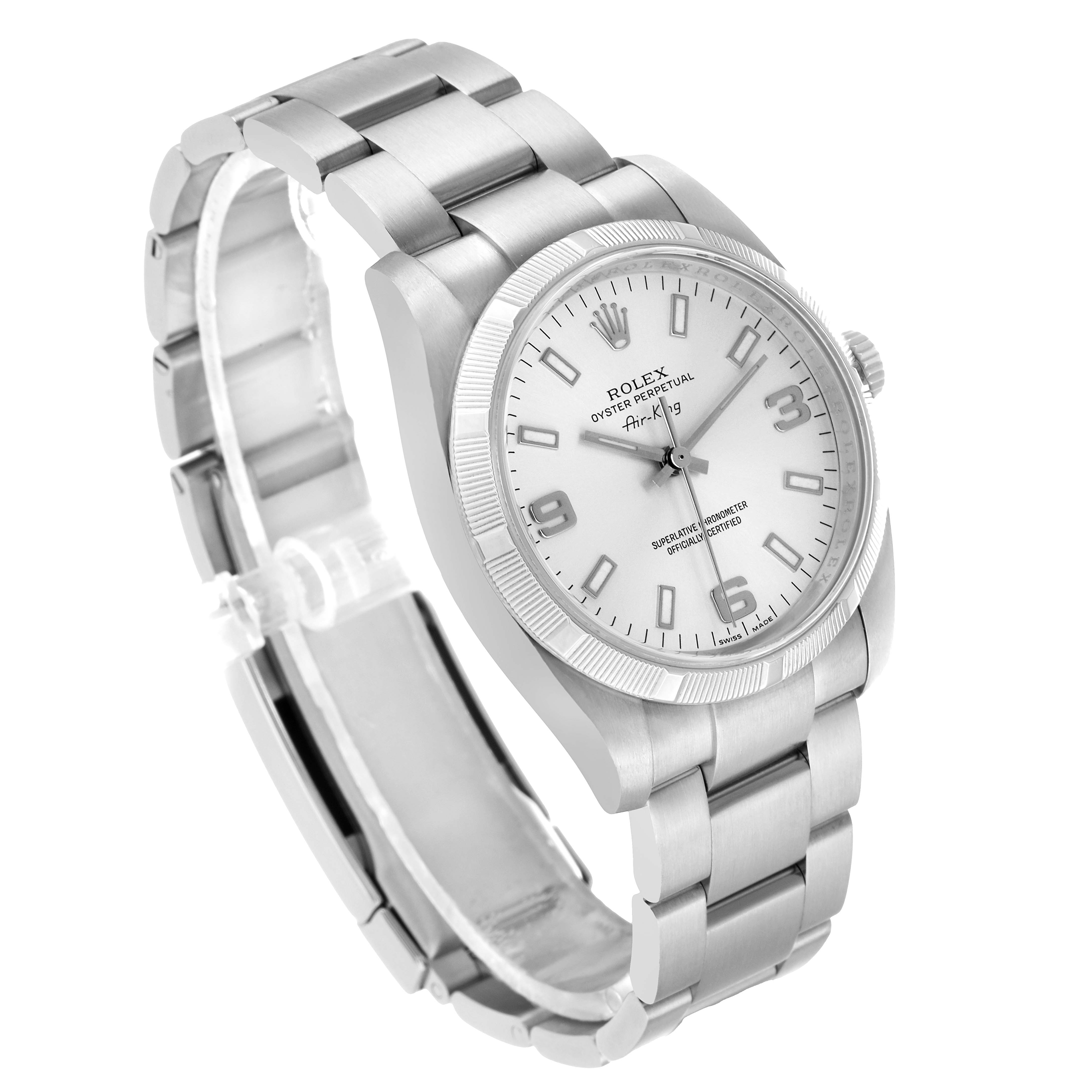 The Rolex Air-King 114210 Men's Stainless Steel Silver Dial watch is shown in a three-quarter view, highlighting the face, bezel, and bracelet.