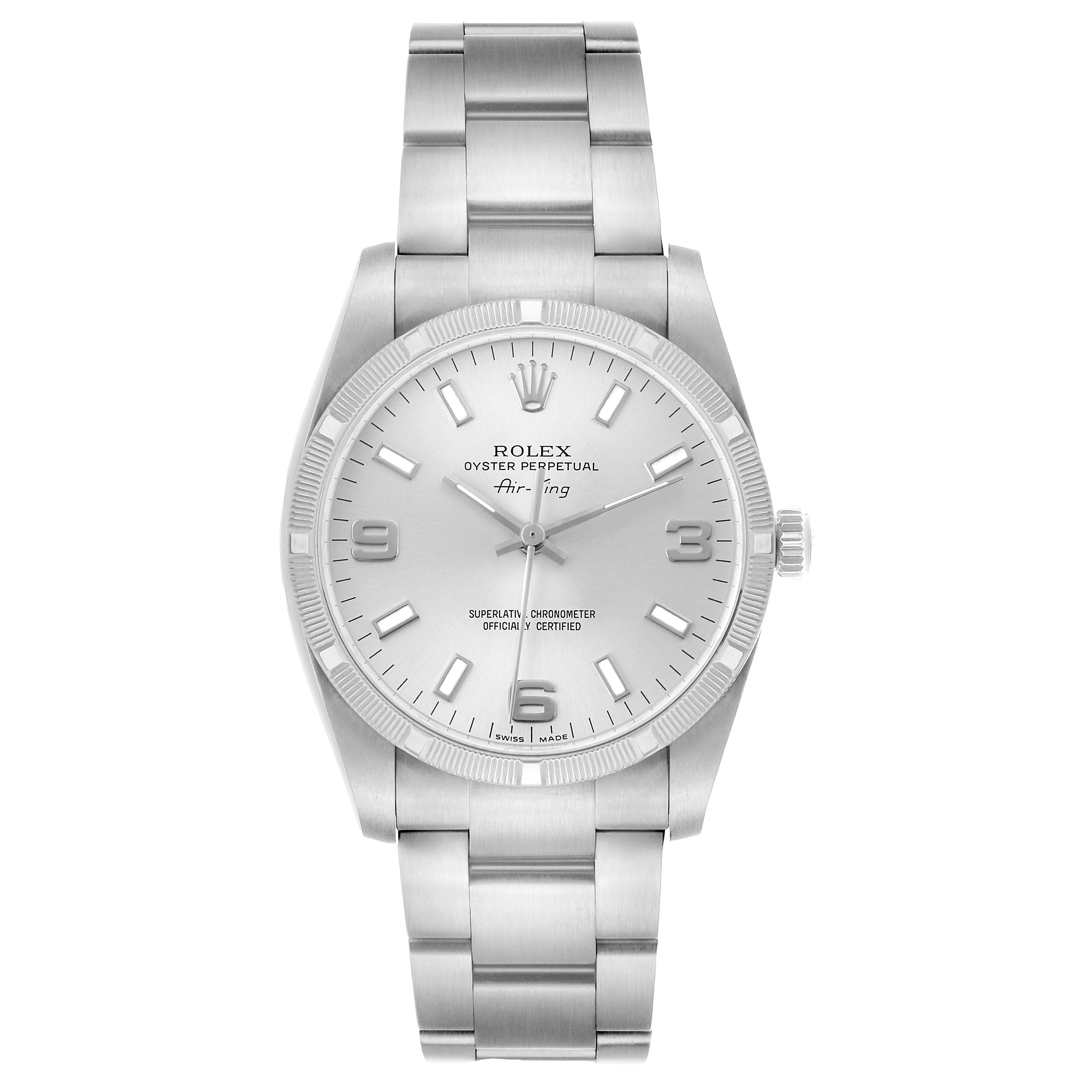 The image shows a front view of the Rolex Air-King 114210 Men's Stainless Steel Silver Dial watch, displaying the dial, bezel, and bracelet.