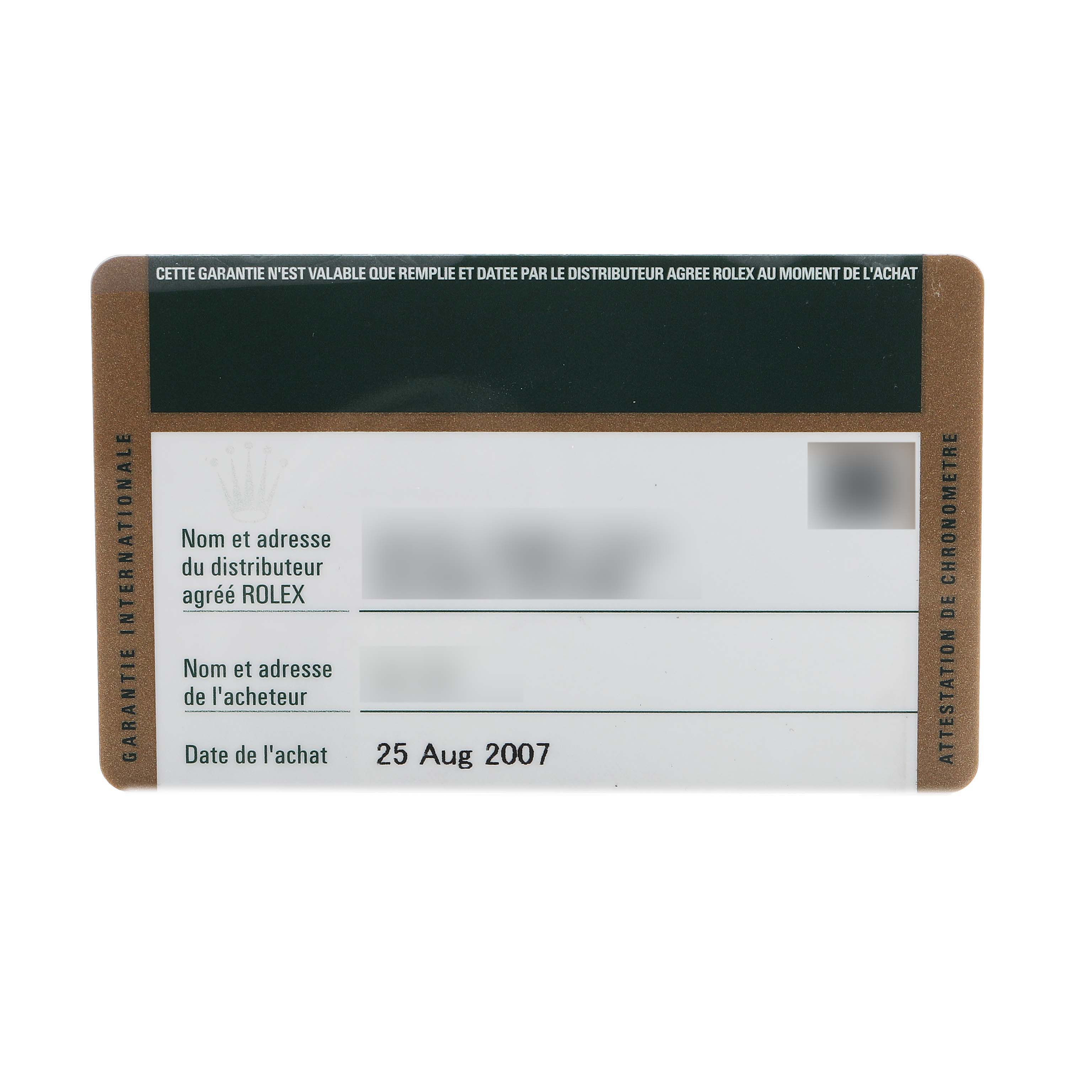 The image shows an international warranty card for a Rolex Air-King 114210 Men's Stainless Steel Silver Dial watch from a top-down angle.