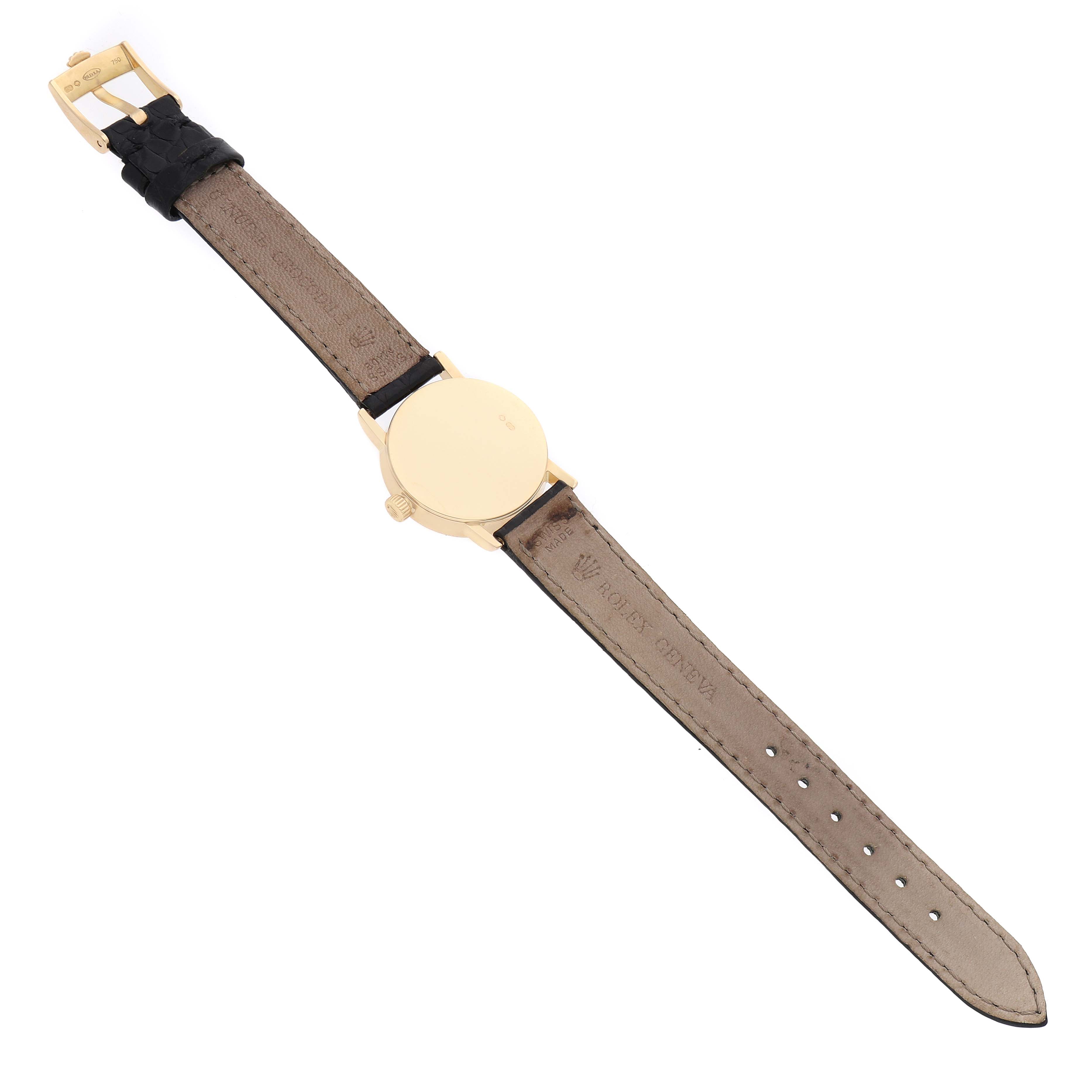 The Rolex Cellini 6110 Women's Yellow Gold Mother of Pearl Dial watch is shown from the back, displaying the case back, strap, and buckle.