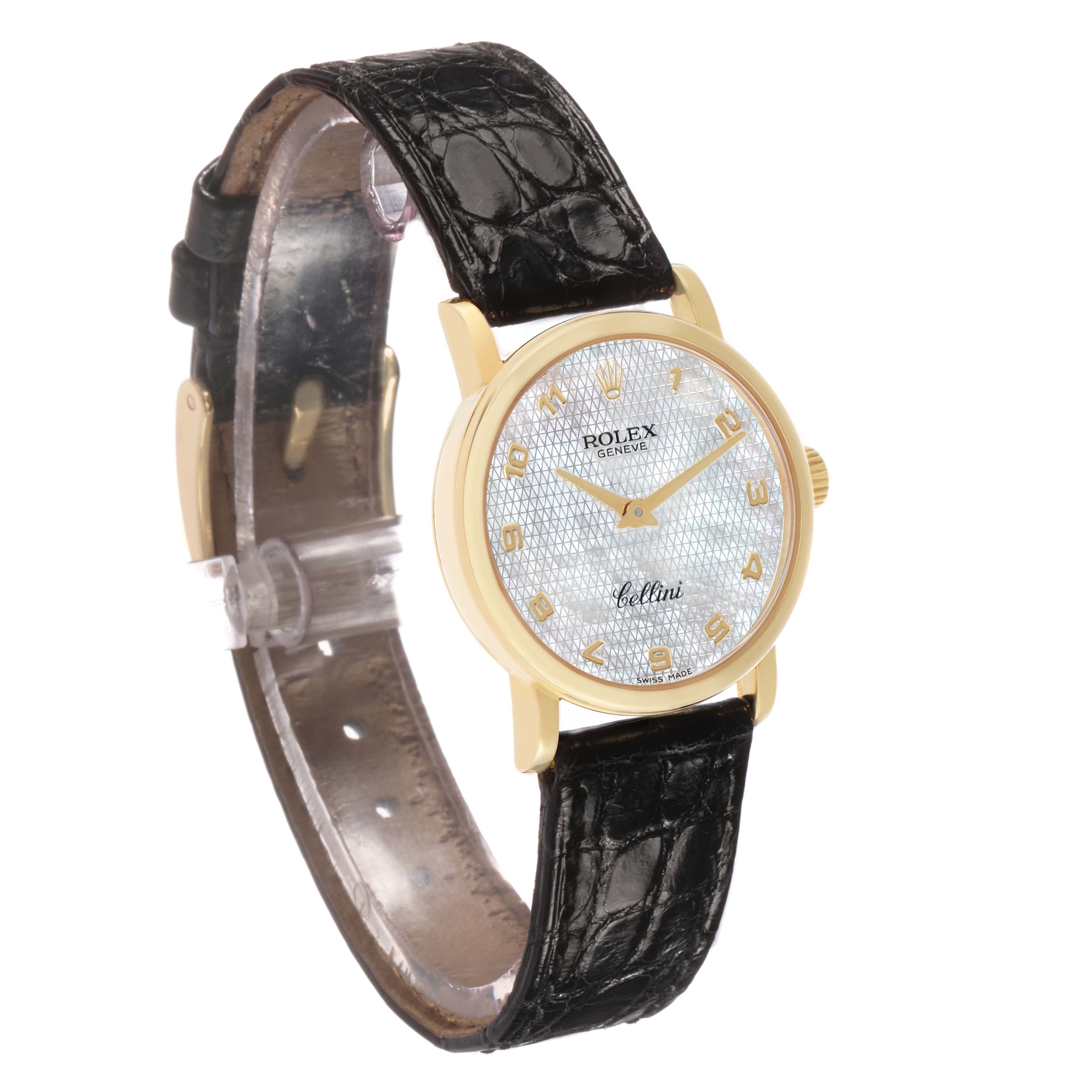 The Rolex Cellini 6110 Women's Yellow Gold Mother of Pearl Dial watch is shown from a side angle highlighting its face, gold case, and black leather strap.