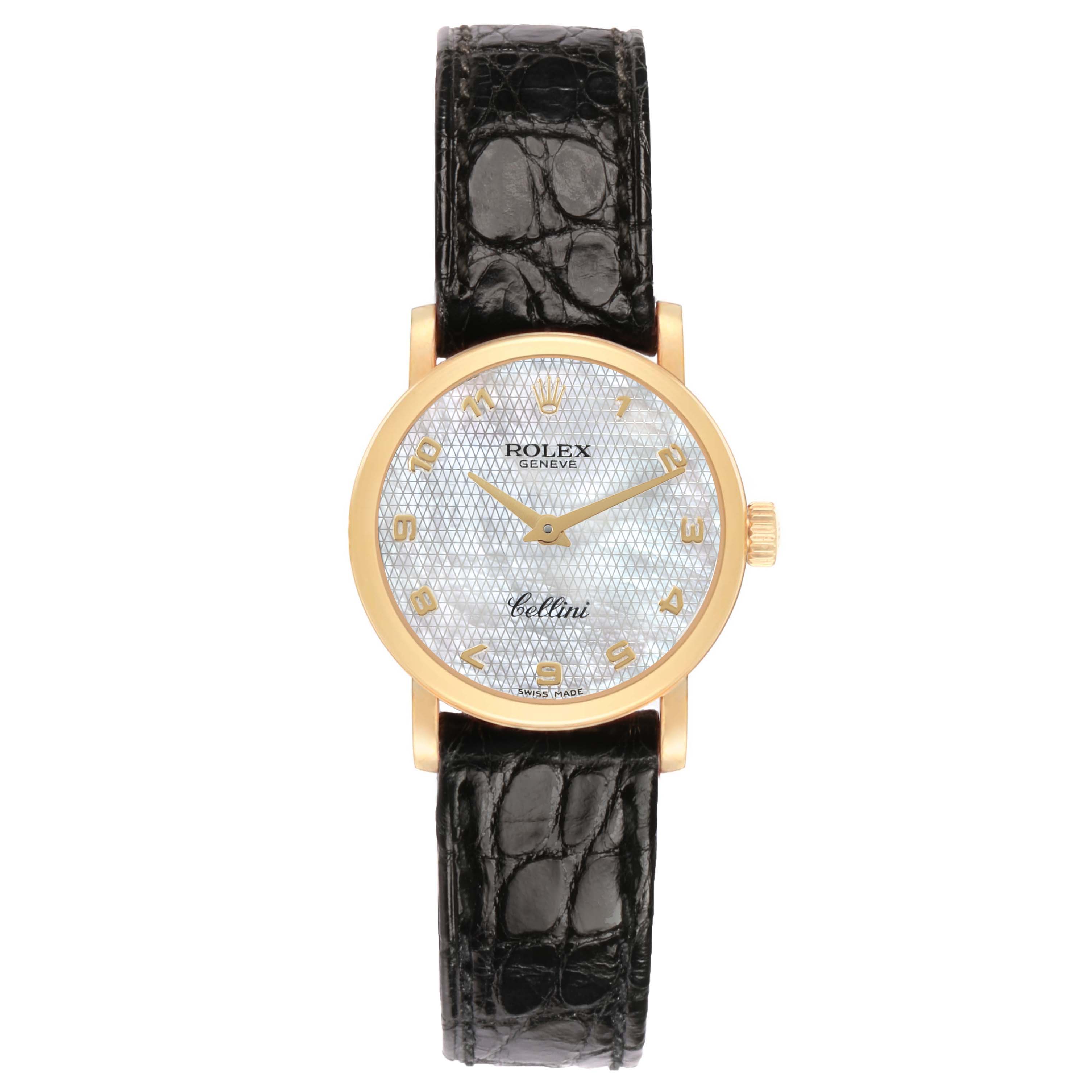 The Rolex Cellini 6110 Women's Yellow Gold Mother of Pearl Dial watch is shown from a top-down angle, displaying its round dial, gold case, black leather strap, and crown.
