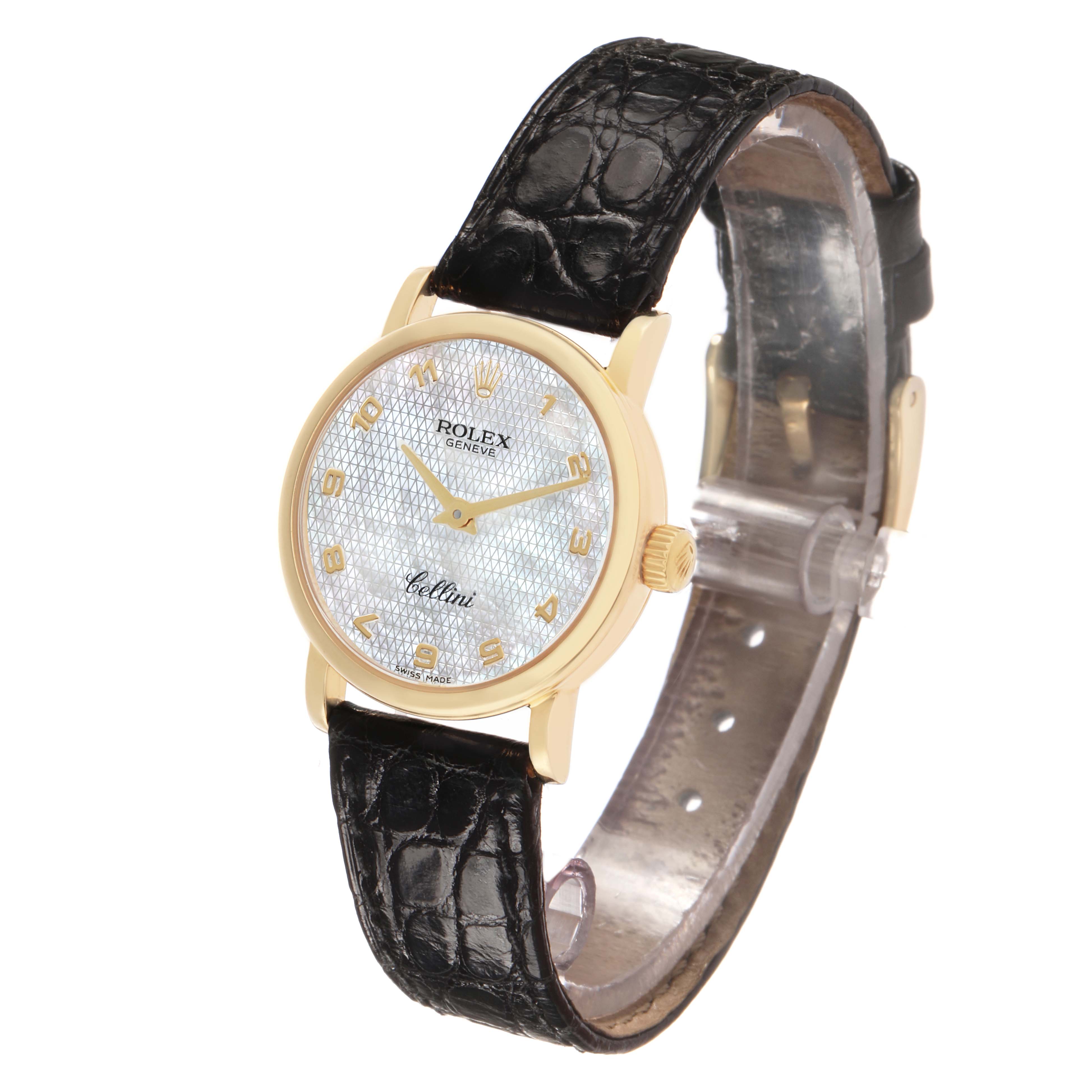 The Rolex Cellini 6110 Women's Yellow Gold Mother of Pearl Dial watch is shown at a slight angle, displaying the face, crown, and leather strap.