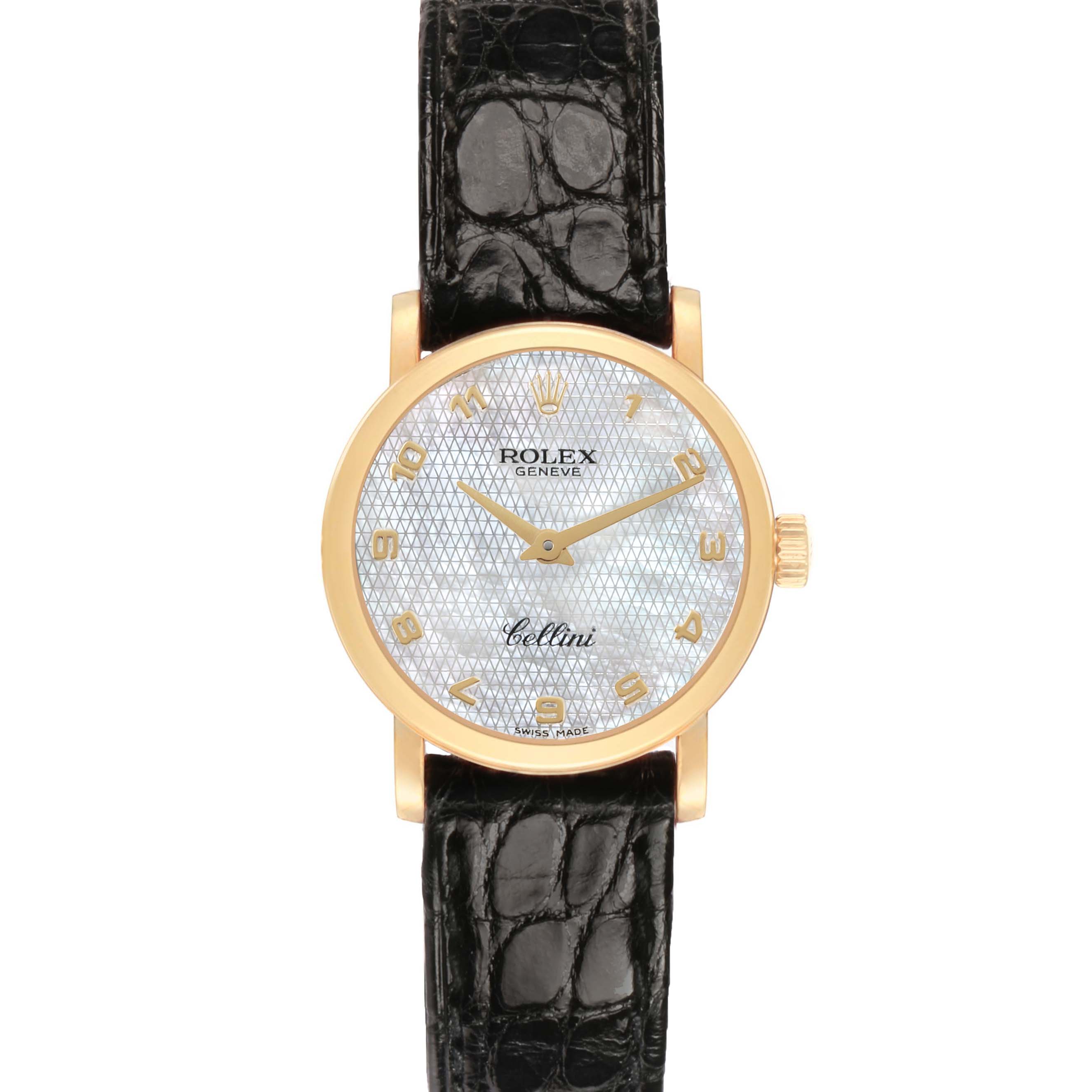 The Rolex Cellini 6110 Women's Yellow Gold Mother of Pearl Dial watch is shown from a frontal view, displaying its face, bezel, crown, and black strap.