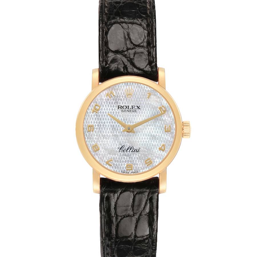The Rolex Cellini 6110 Women's Yellow Gold Mother of Pearl Dial watch is shown from a frontal view, displaying its face, bezel, crown, and black strap.