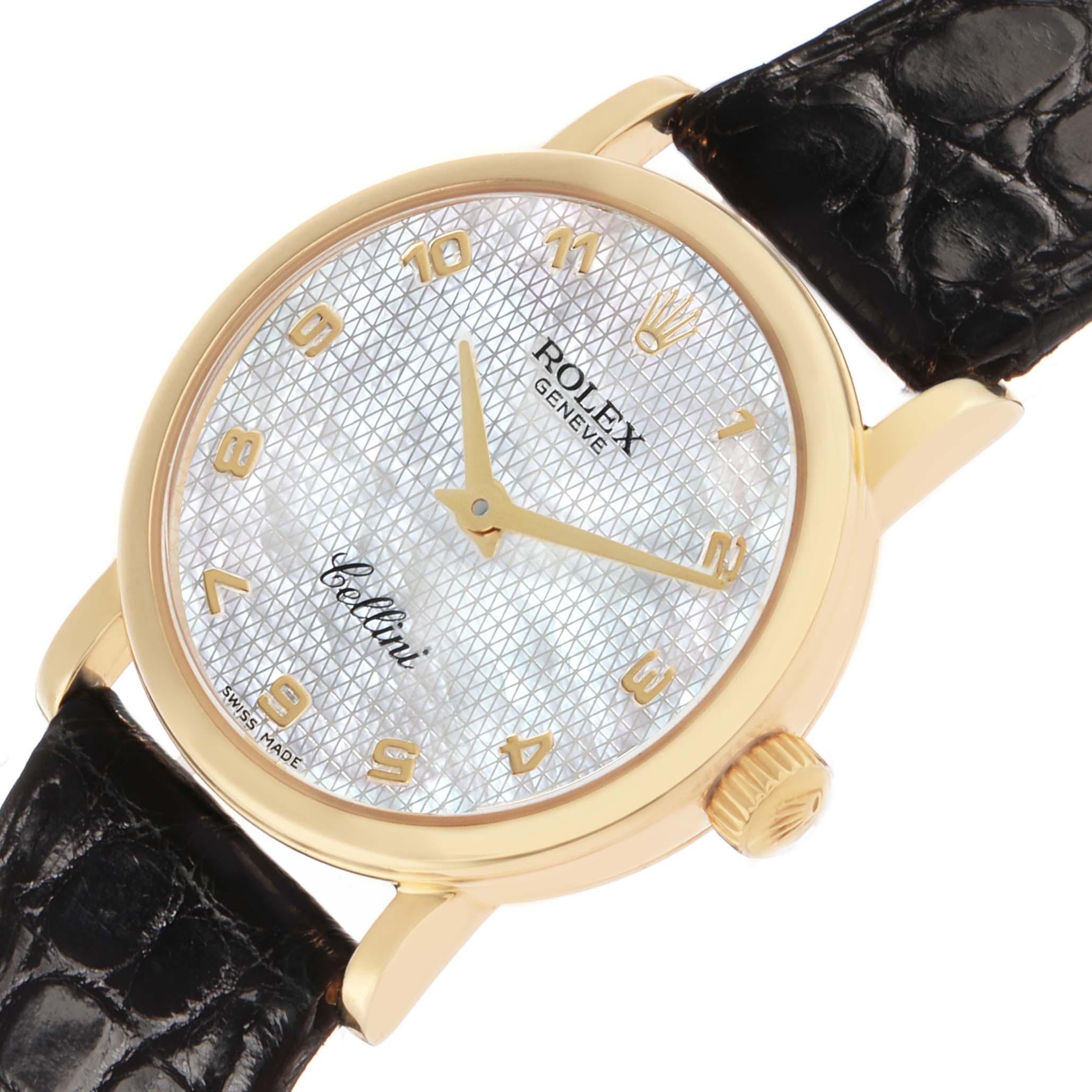 The Rolex Cellini 6110 Women's Yellow Gold Mother of Pearl Dial watch is shown at an angled view highlighting the face, bezel, and a portion of the leather strap.