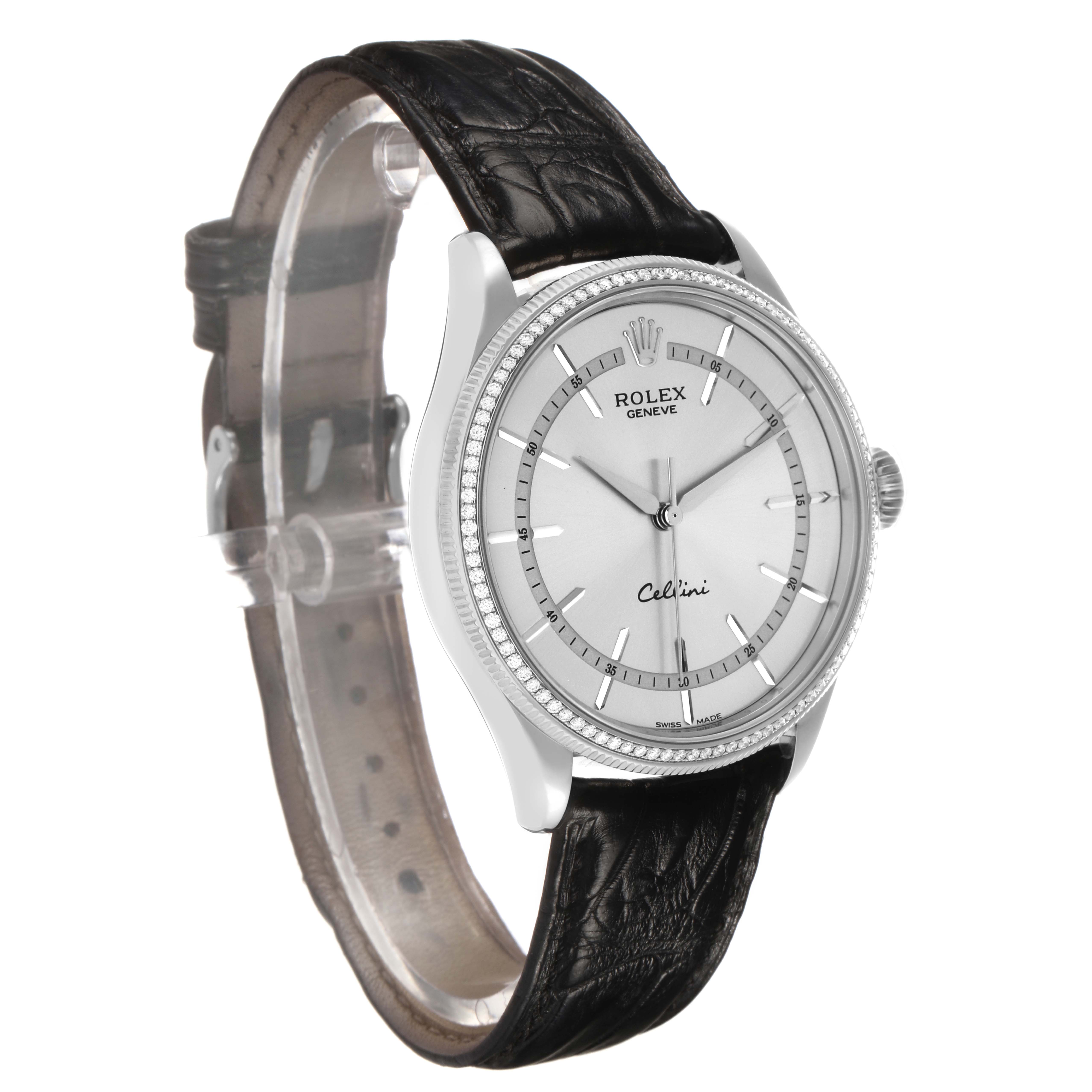 The Rolex Cellini 50609 Men's White Gold Silver Dial watch is shown at a three-quarter angle, displaying the dial, case, bezel, and leather strap.