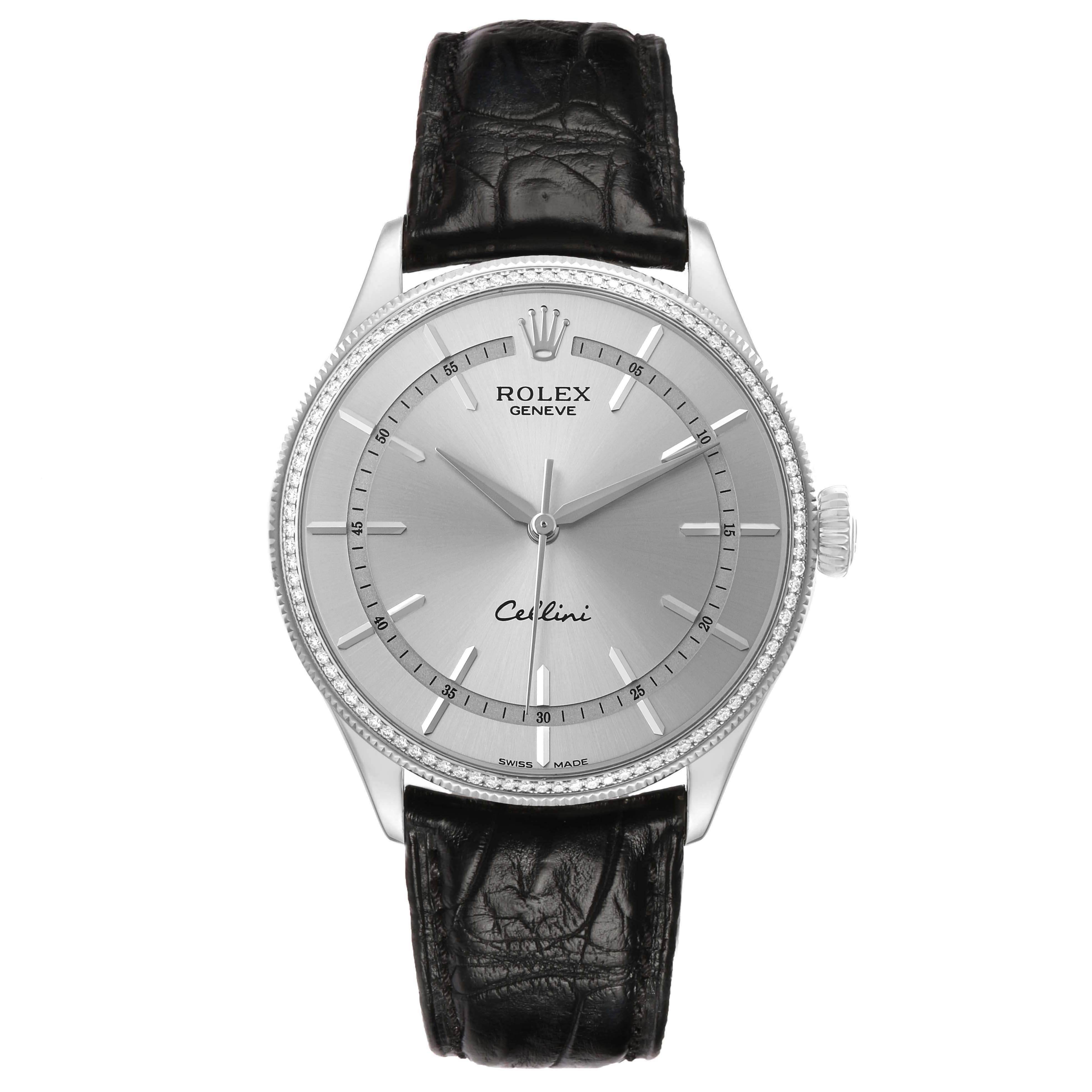 The Rolex Cellini 50609 Men's White Gold Silver Dial watch is shown from a front angle, displaying its face, hour markers, hands, and black leather strap.
