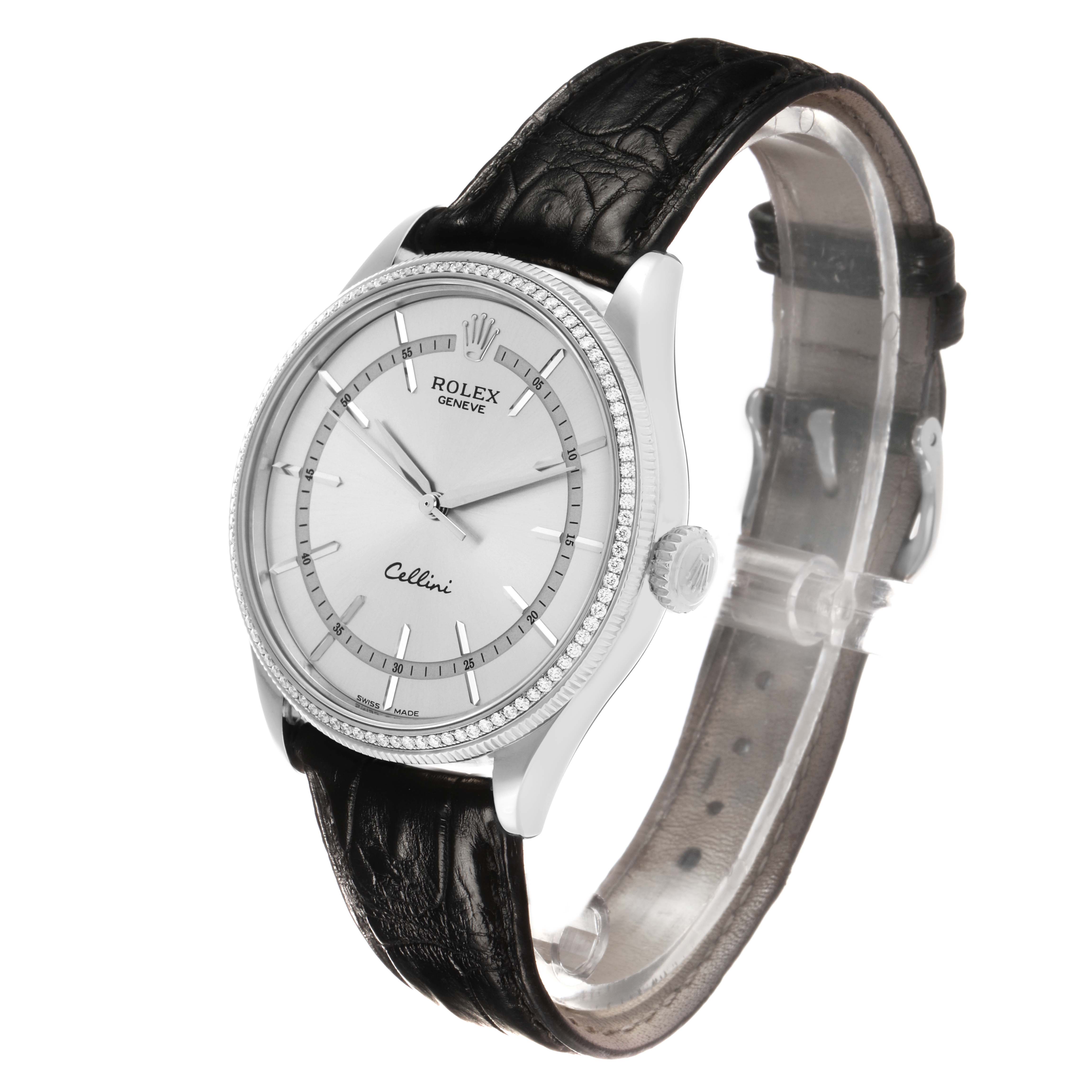 The Rolex Cellini 50609 Men's White Gold Silver Dial watch is shown from a front angle, highlighting the watch face, bezel, crown, and leather strap.