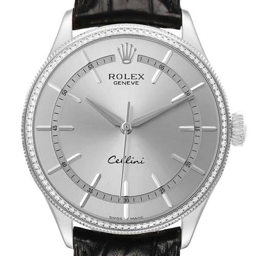 Photo of Rolex Cellini Time White Gold Silver Dial Diamond Mens Watch 50609 Box Card