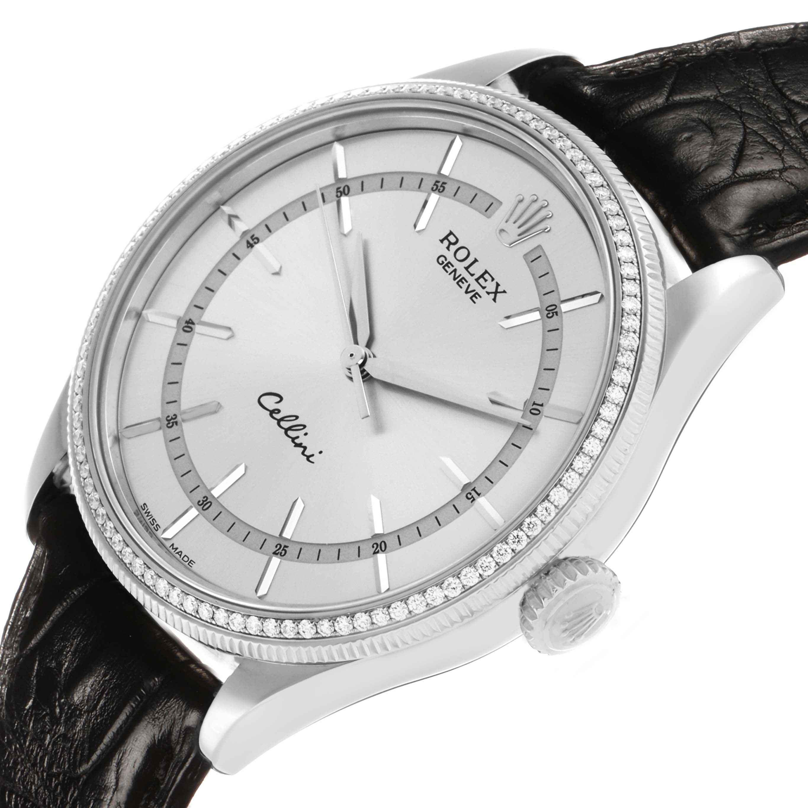 The Rolex Cellini 50609 Men's White Gold Silver Dial watch is shown at an angled view, displaying the dial, bezel, crown, and leather strap.