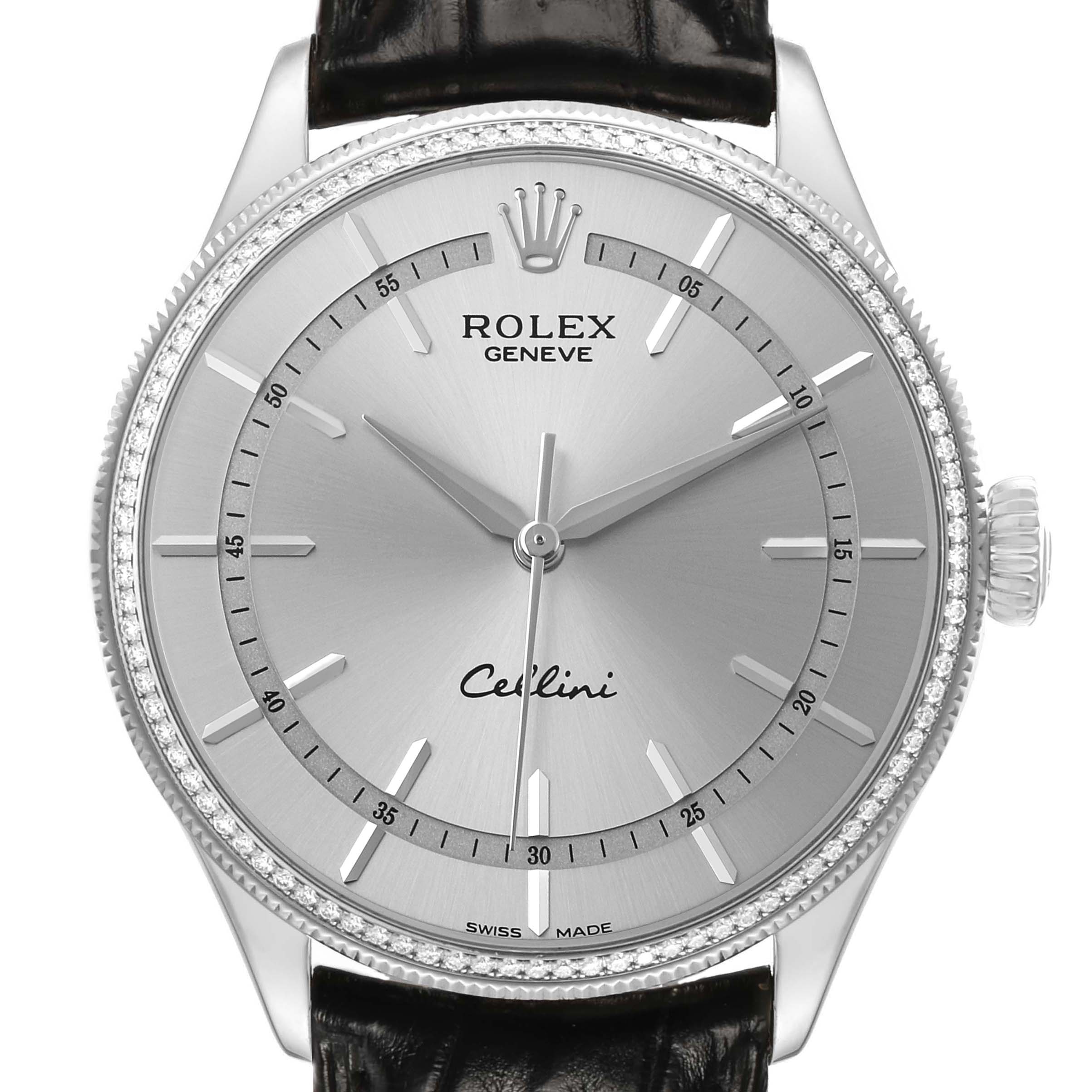 The Rolex Cellini 50609 Men's White Gold Silver Dial watch is shown from a front angle, highlighting the dial, bezel, crown, and part of the leather strap.