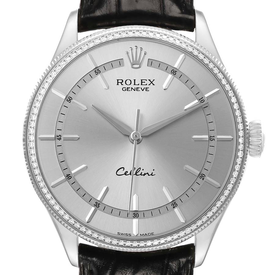 The Rolex Cellini 50609 Men's White Gold Silver Dial watch is shown from a front angle, highlighting the dial, bezel, crown, and part of the leather strap.