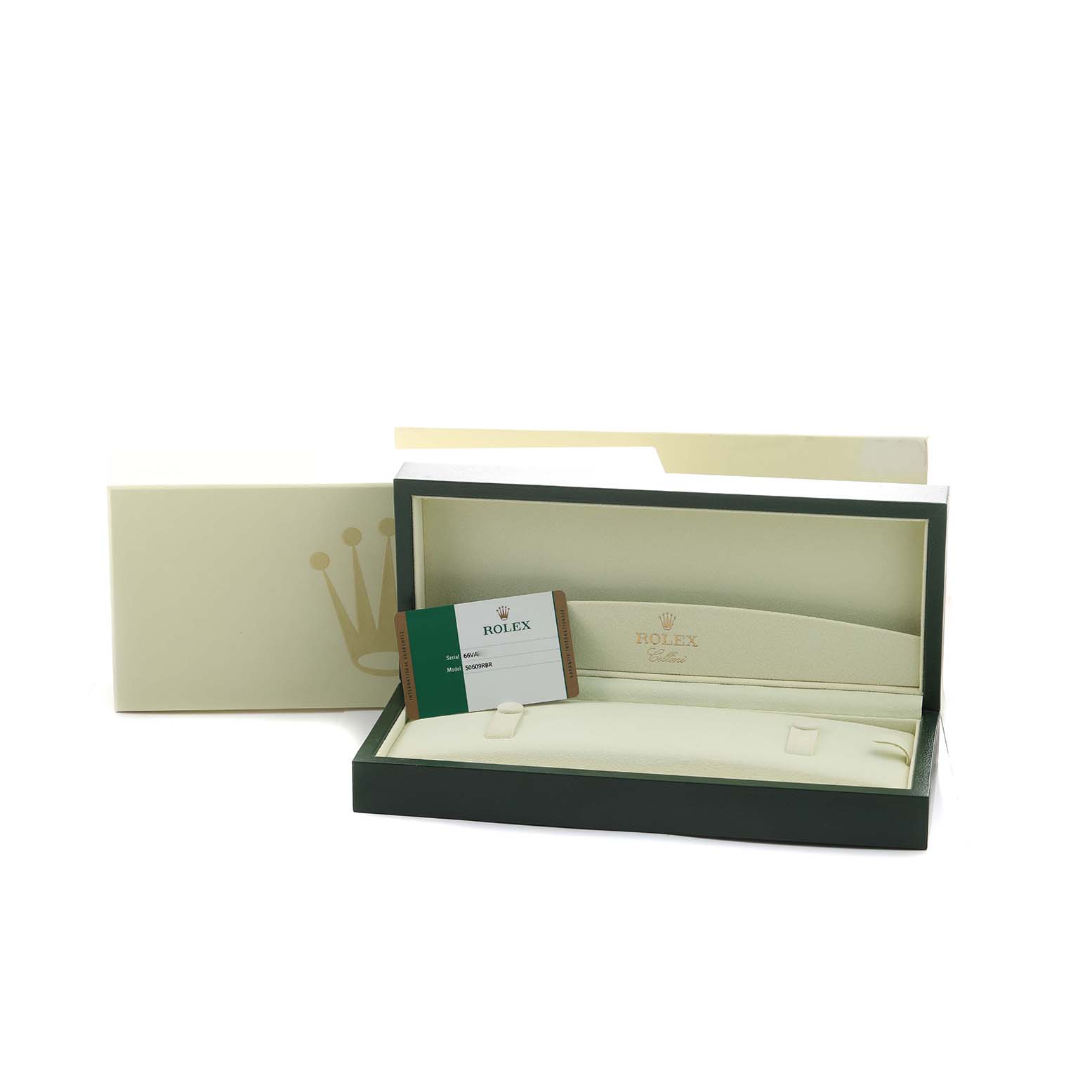 The Rolex Cellini 50609 Men's White Gold Silver Dial box is shown open, displaying the interior and warranty card from a front angle.