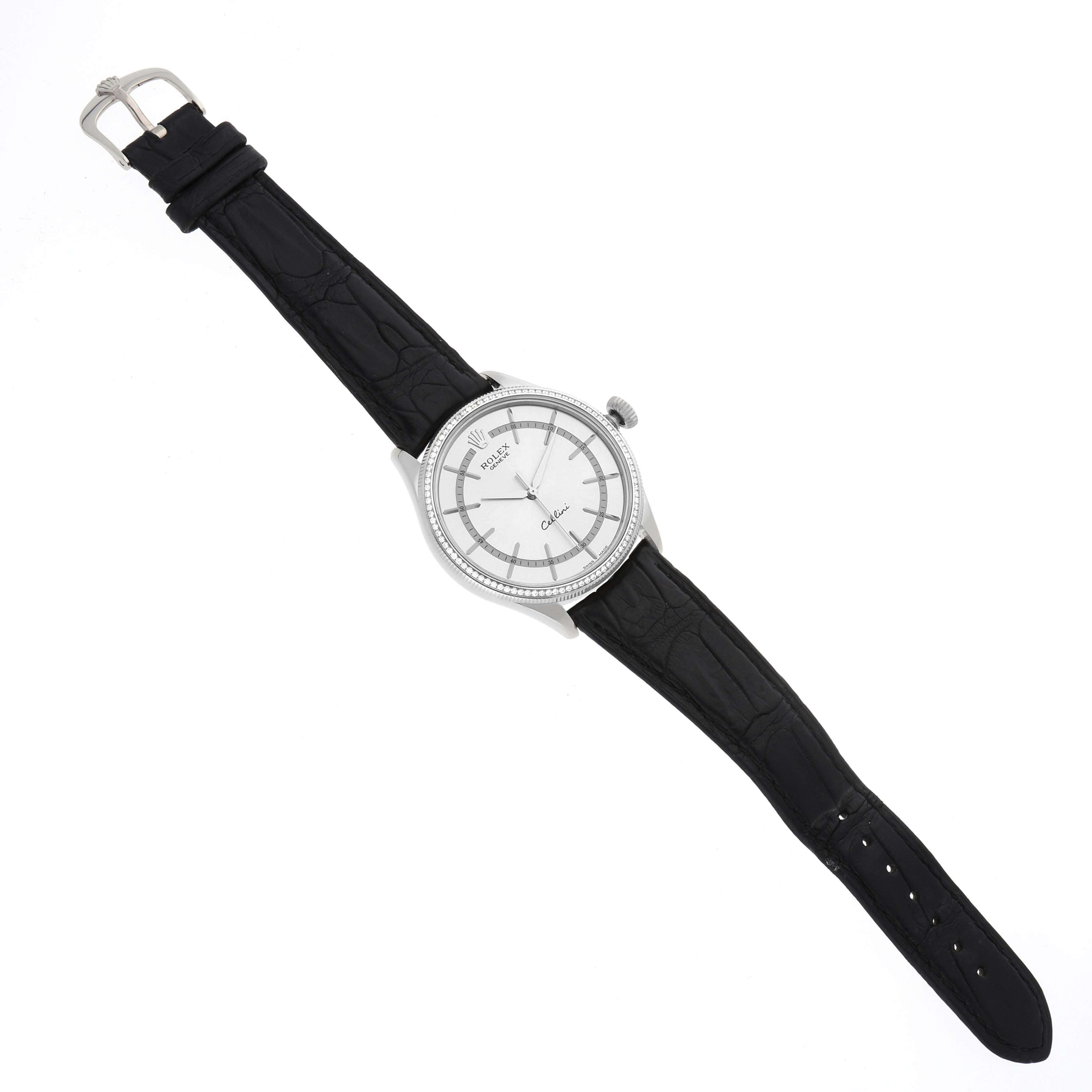 The Rolex Cellini 50609 Men's White Gold Silver Dial watch is shown from a top-down angle, displaying its dial, bezel, and black strap.