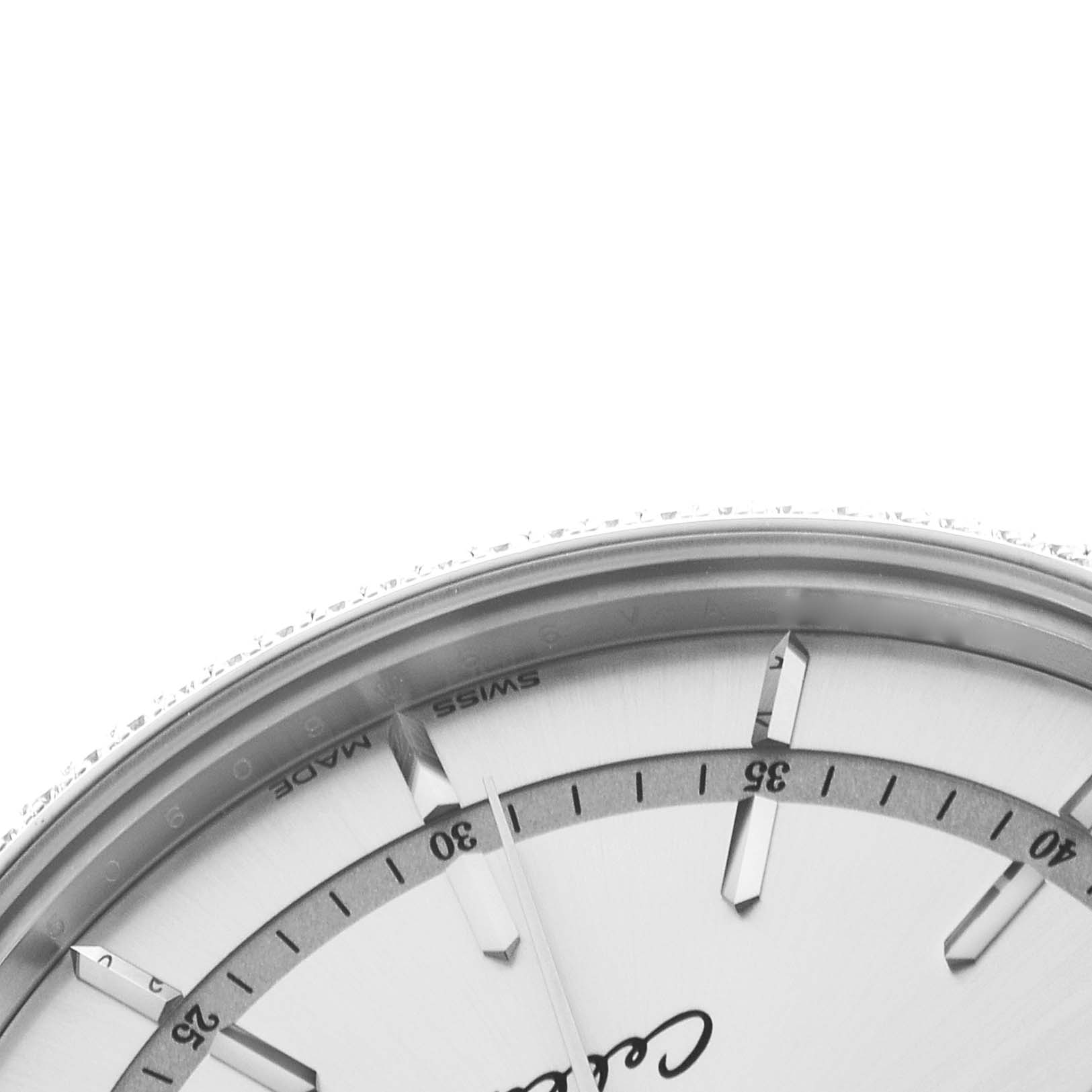 The image shows a close-up of the dial and bezel of the Rolex Cellini 50609 Men's White Gold Silver Dial, highlighting hour markers and minute indices.