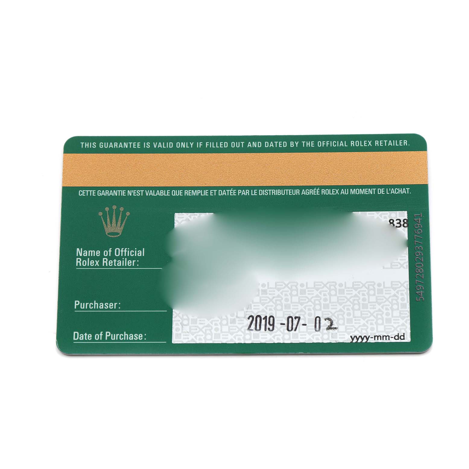 This image shows a warranty card for the Rolex Cellini 50609 Men's White Gold Silver Dial model, highlighting purchase details and retailer information.