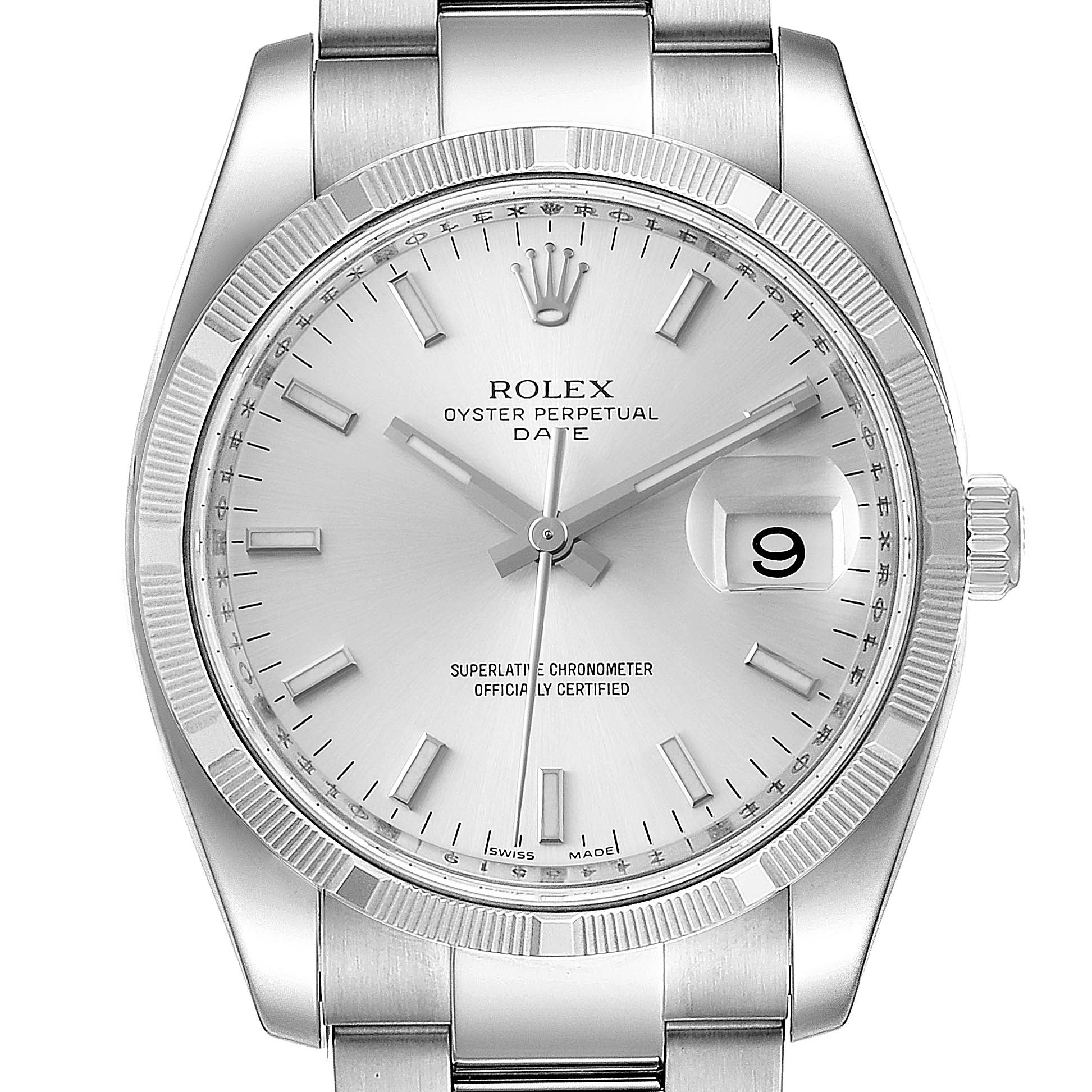 This image shows a frontal view of the Rolex Date 115210 Men's Stainless Steel Silver Dial 115210 Men's Stainless Steel Silver Dial model watch, featuring its dial, bezel, and part of the bracelet.