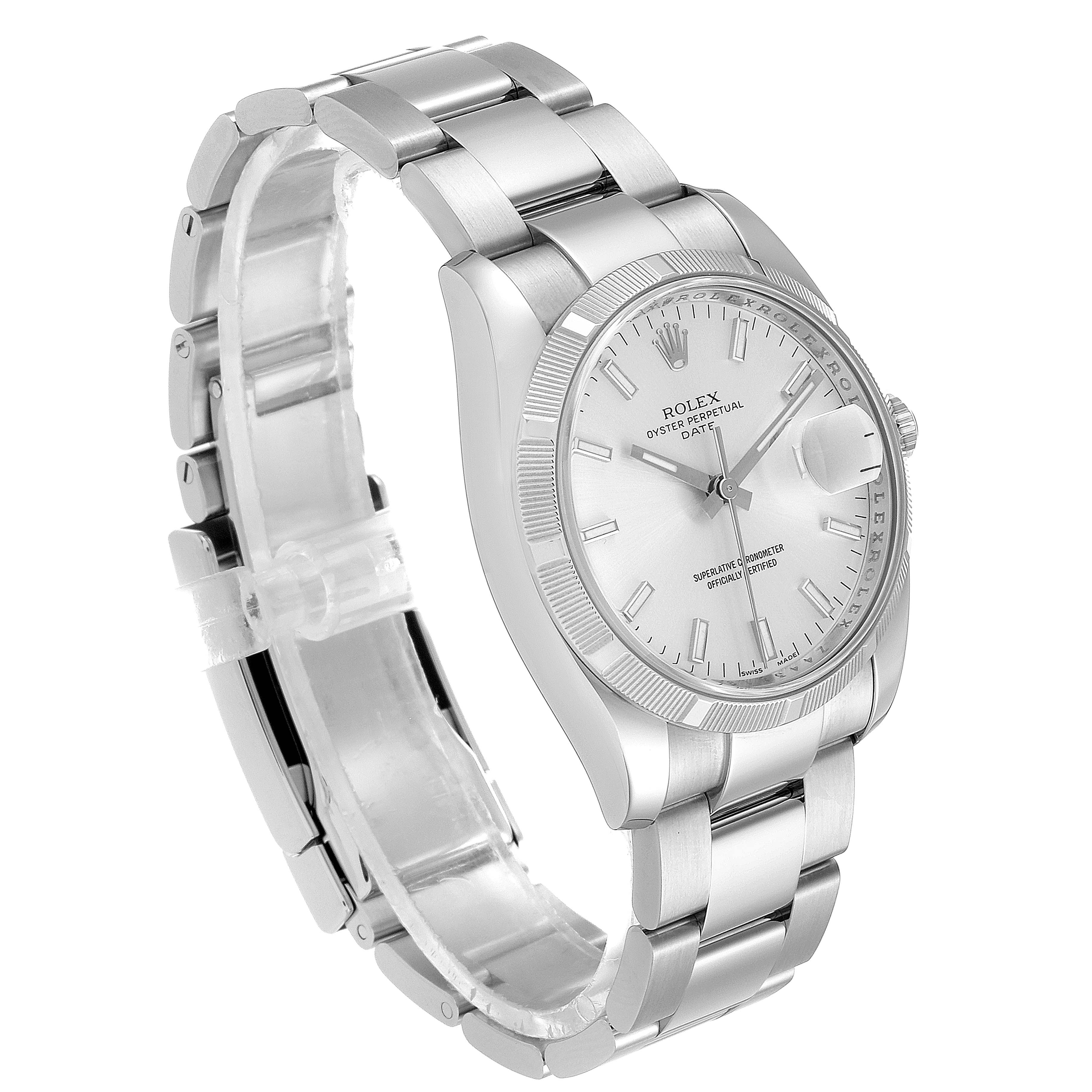 The watch is a Rolex Date 115210 Men's Stainless Steel Silver Dial 115210 Men's Stainless Steel Silver Dial model, shown at an angled view displaying the face, bezel, dial, and stainless steel bracelet.