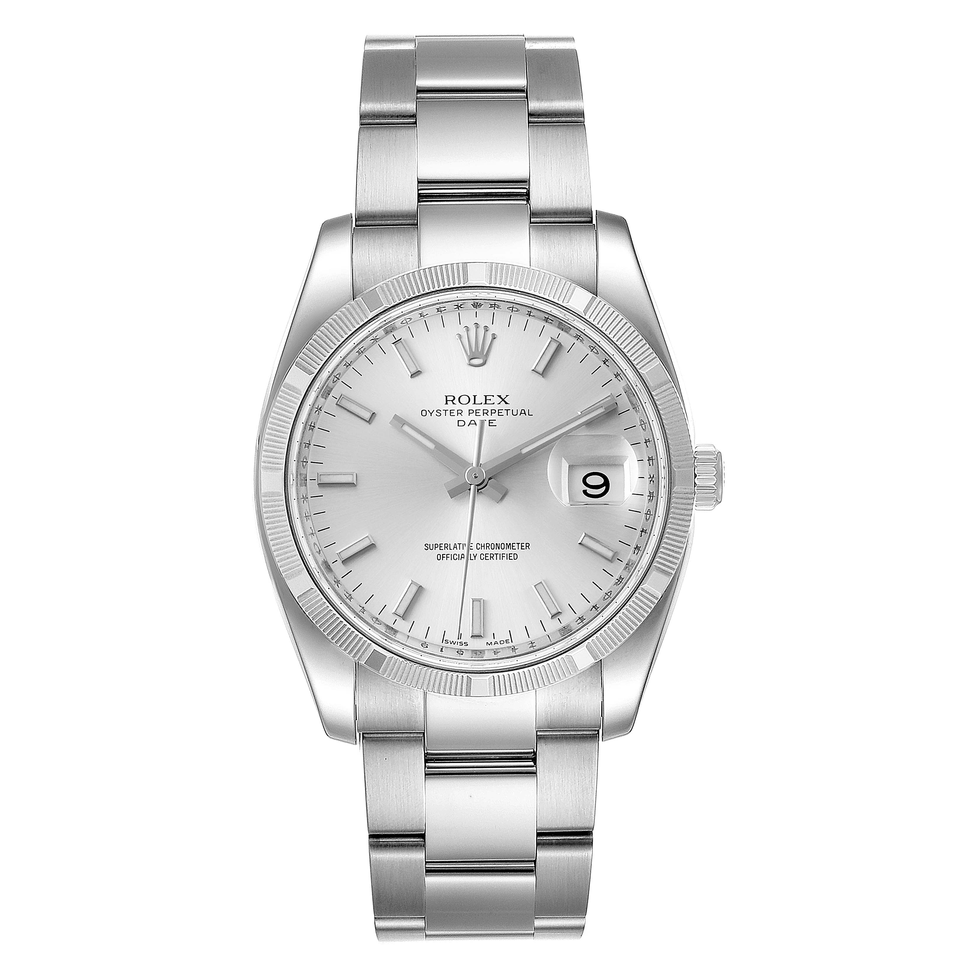 The image shows a Rolex Date 115210 Men's Stainless Steel Silver Dial 115210 Men's Stainless Steel Silver Dial model watch from a front angle, highlighting its face, bezel, and bracelet.