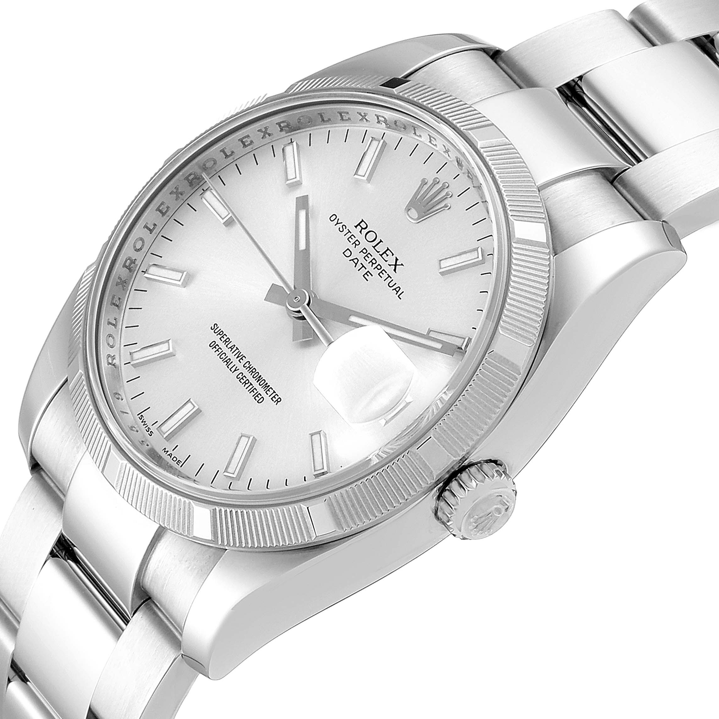 The image shows a close-up of the Rolex Date 115210 Men's Stainless Steel Silver Dial 115210 Men's Stainless Steel Silver Dial model watch, highlighting the face, bezel, crown, and part of the bracelet at an angle.