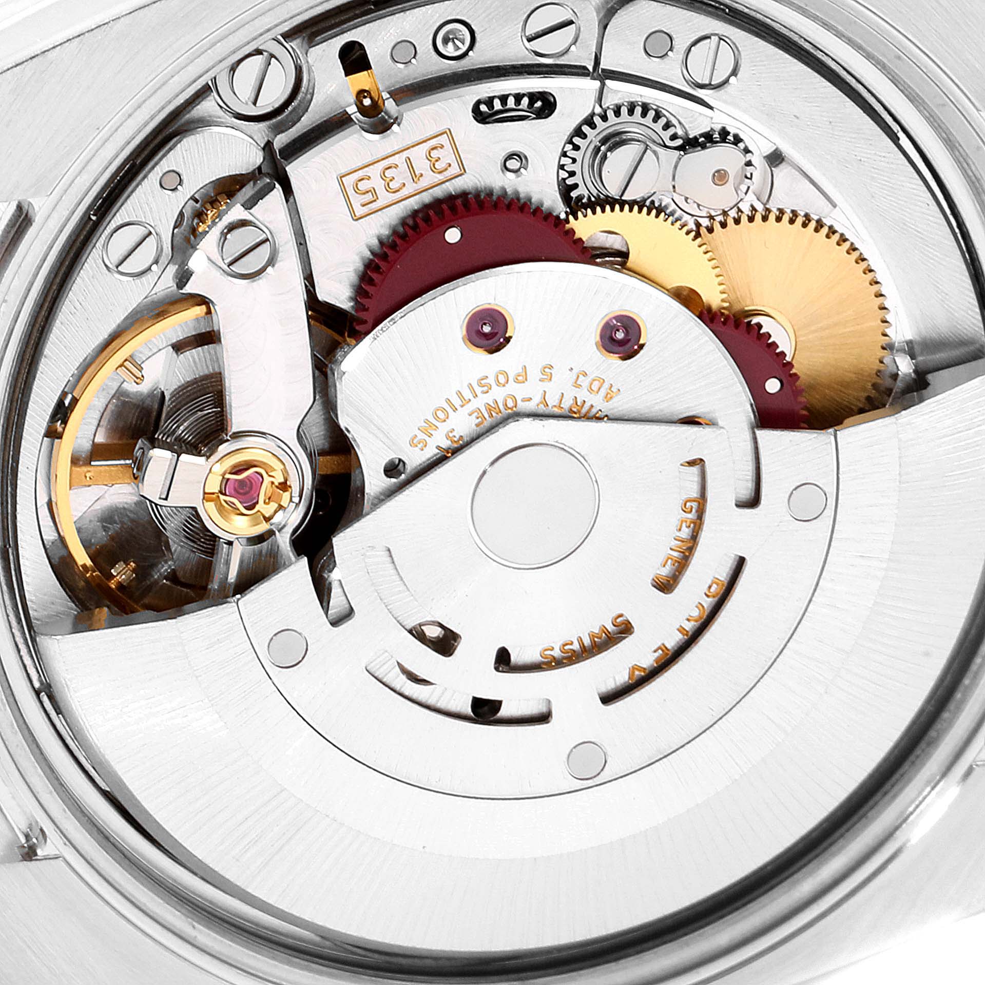 The image shows the movement mechanism of a Rolex Date 115210 Men's Stainless Steel Silver Dial 115210 Men's Stainless Steel Silver Dial model watch viewed from the back.